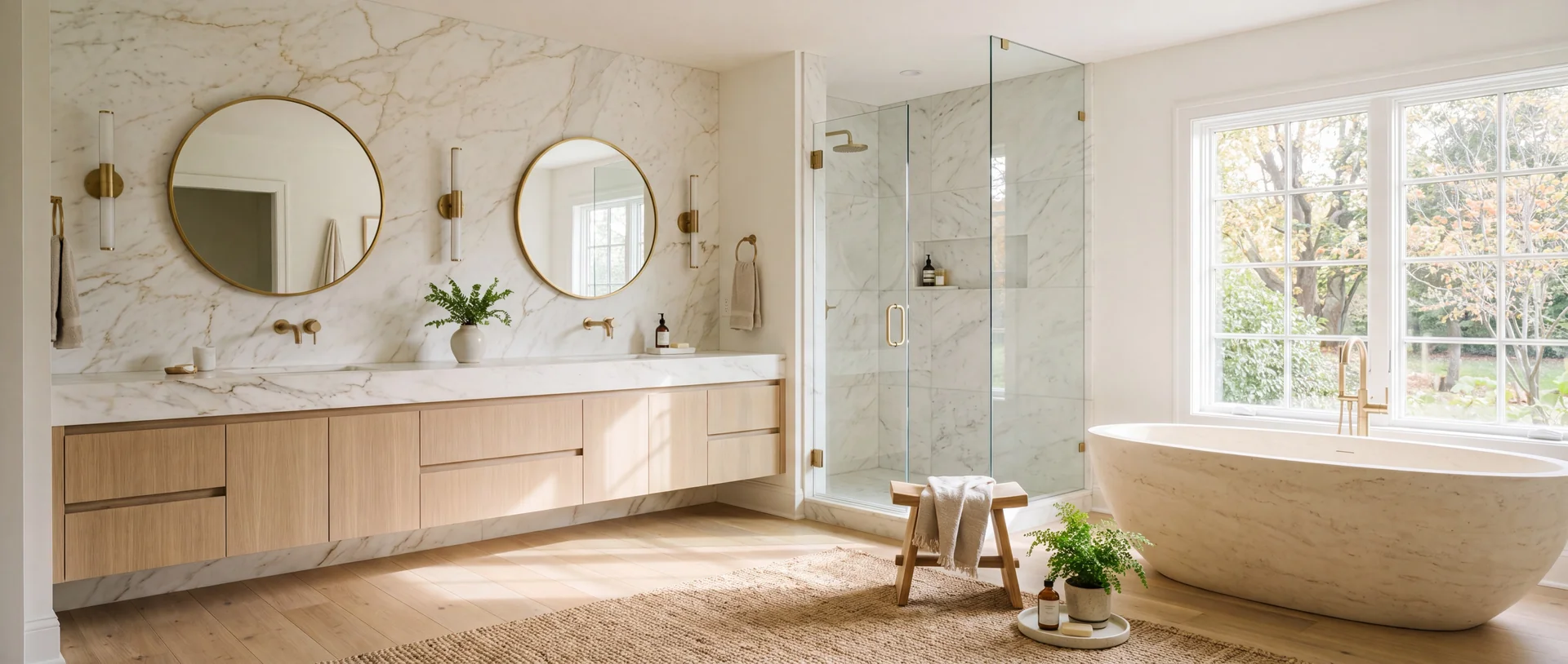 Luxury bathroom remodel — floating white-oak vanity, Calacatta marble walls, frameless walk-in shower and a freestanding tub, Lehigh Valley PA