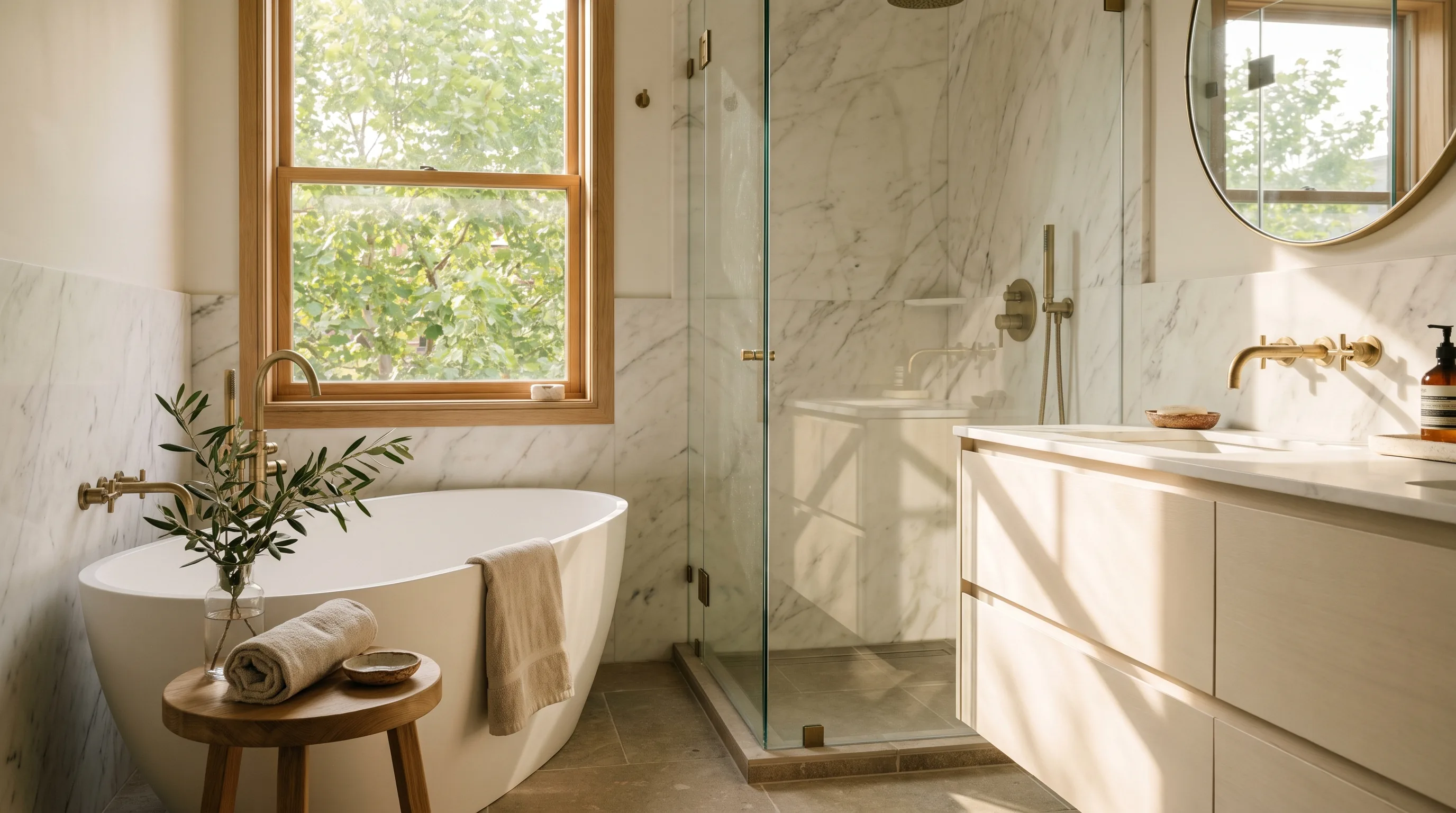 Bathroom remodel in Allentown, PA — warm-white vanity, marble slab walls, brass fixtures, freestanding oval tub | VM Power Kitchen & Bath