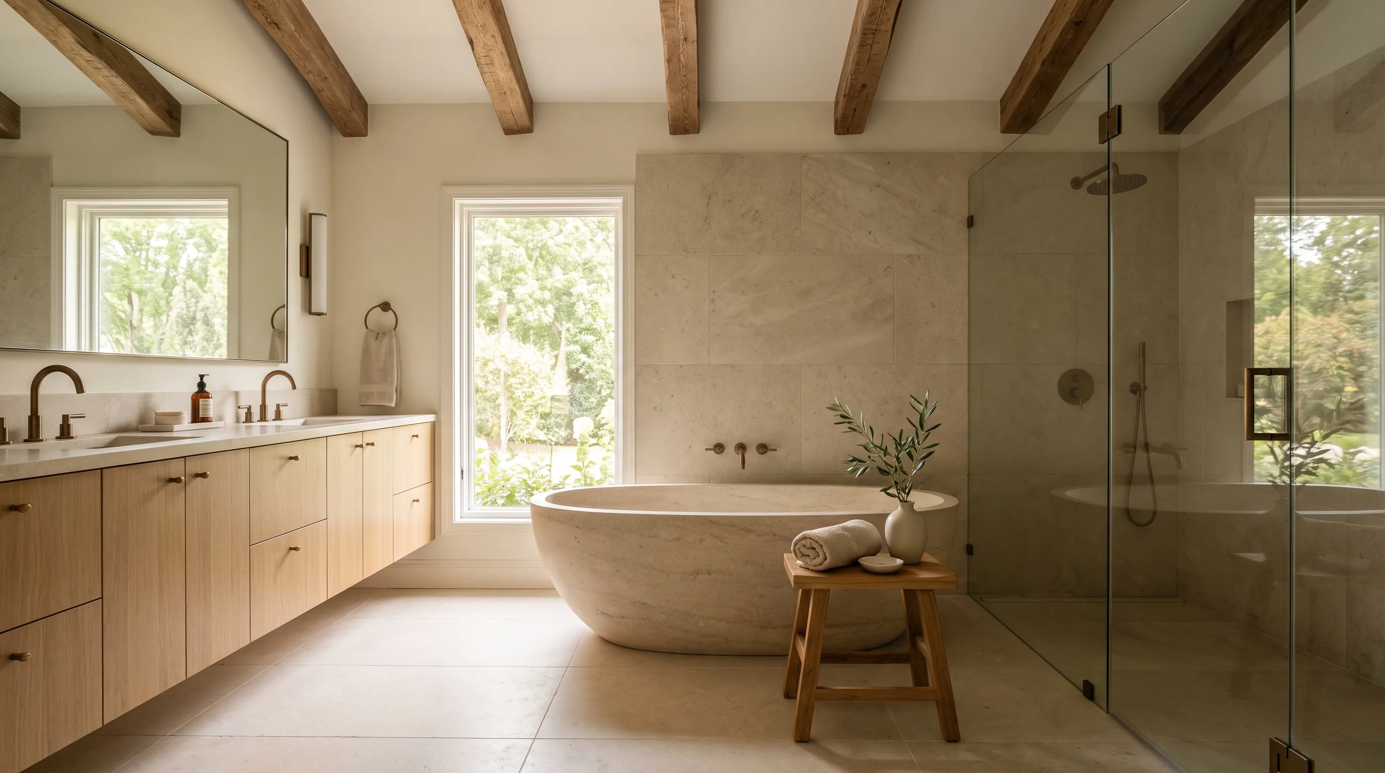 Bathroom remodel in Bethlehem Township, PA — warm white-oak vanity, honed limestone slab walls, bronze fixtures, sculptural stone tub | VM Power Kitchen & Bath