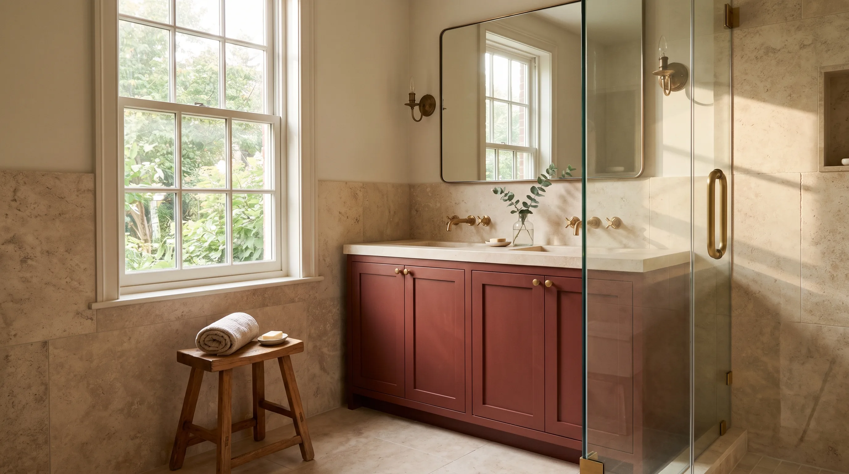 Bathroom remodel in Bethlehem, PA — deep burgundy-clay vanity, warm travertine walls, brass fixtures | VM Power Kitchen & Bath