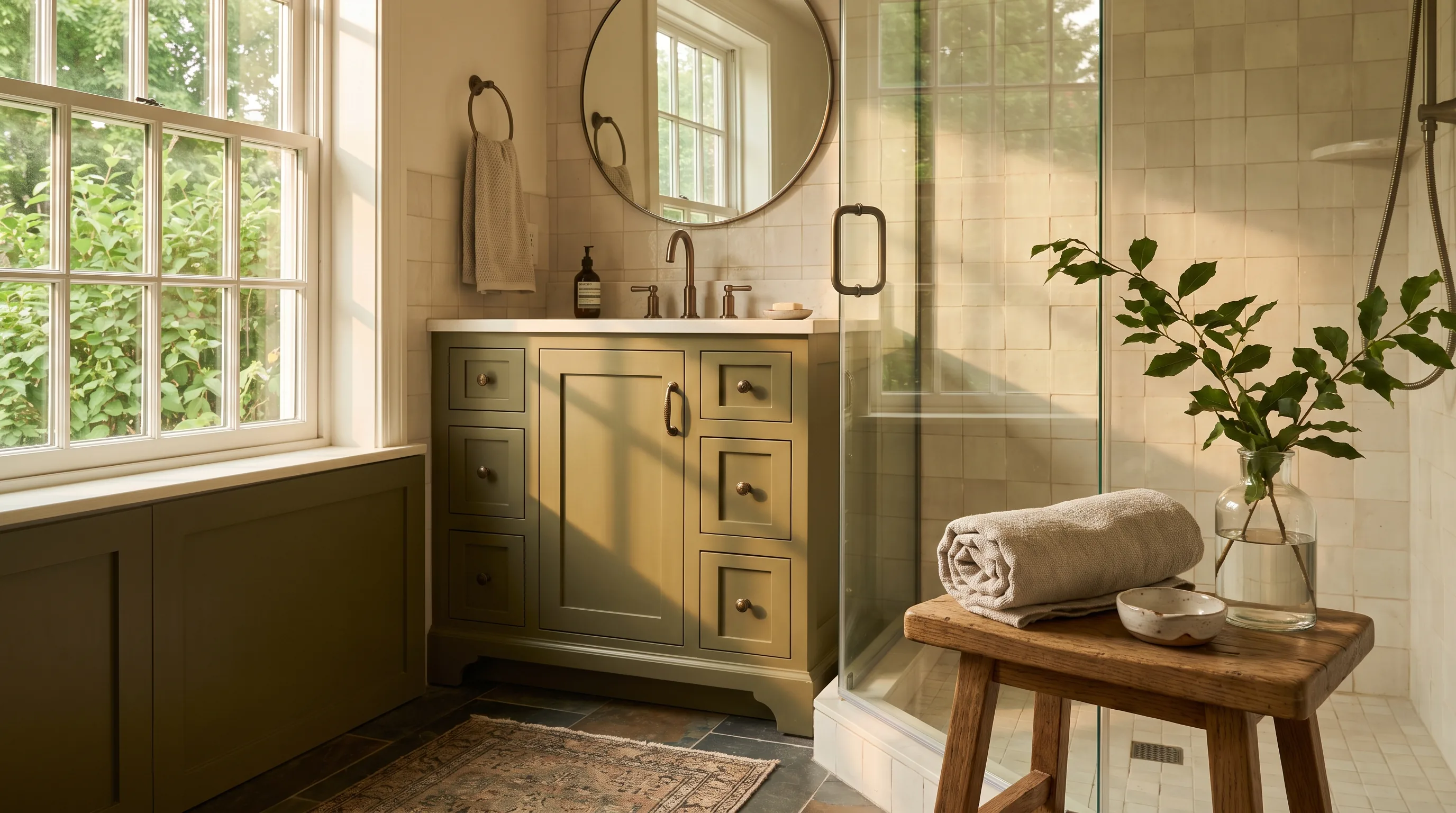 Bathroom remodel in Catasauqua, PA — olive-green vanity, cream zellige walls, bronze fixtures | VM Power Kitchen & Bath