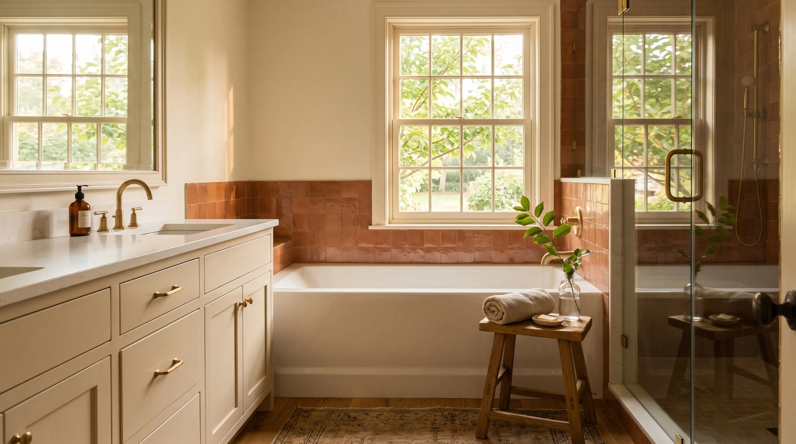 Bathroom remodel in Center Valley, PA — creamy vanity, terracotta zellige accent wall, brass fixtures, alcove tub | VM Power Kitchen & Bath
