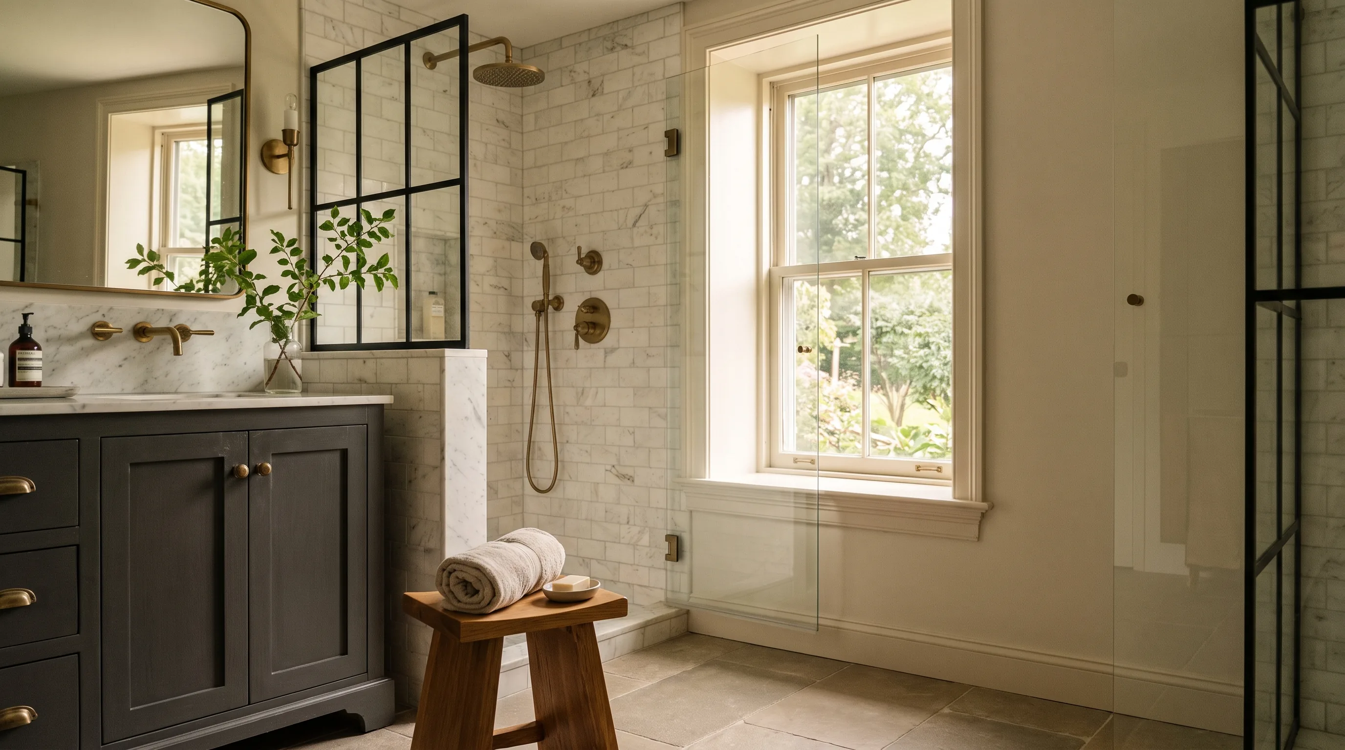 Bathroom remodel in Coopersburg, PA — charcoal vanity, white marble walls, brass fixtures, black-framed glass shower | VM Power Kitchen & Bath