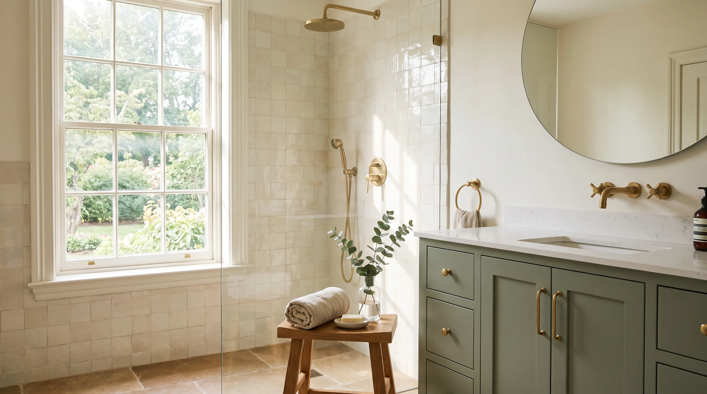 Bathroom remodel in Easton, PA — sage-green vanity, cream zellige walls, brass fixtures, frameless walk-in wet room | VM Power Kitchen & Bath