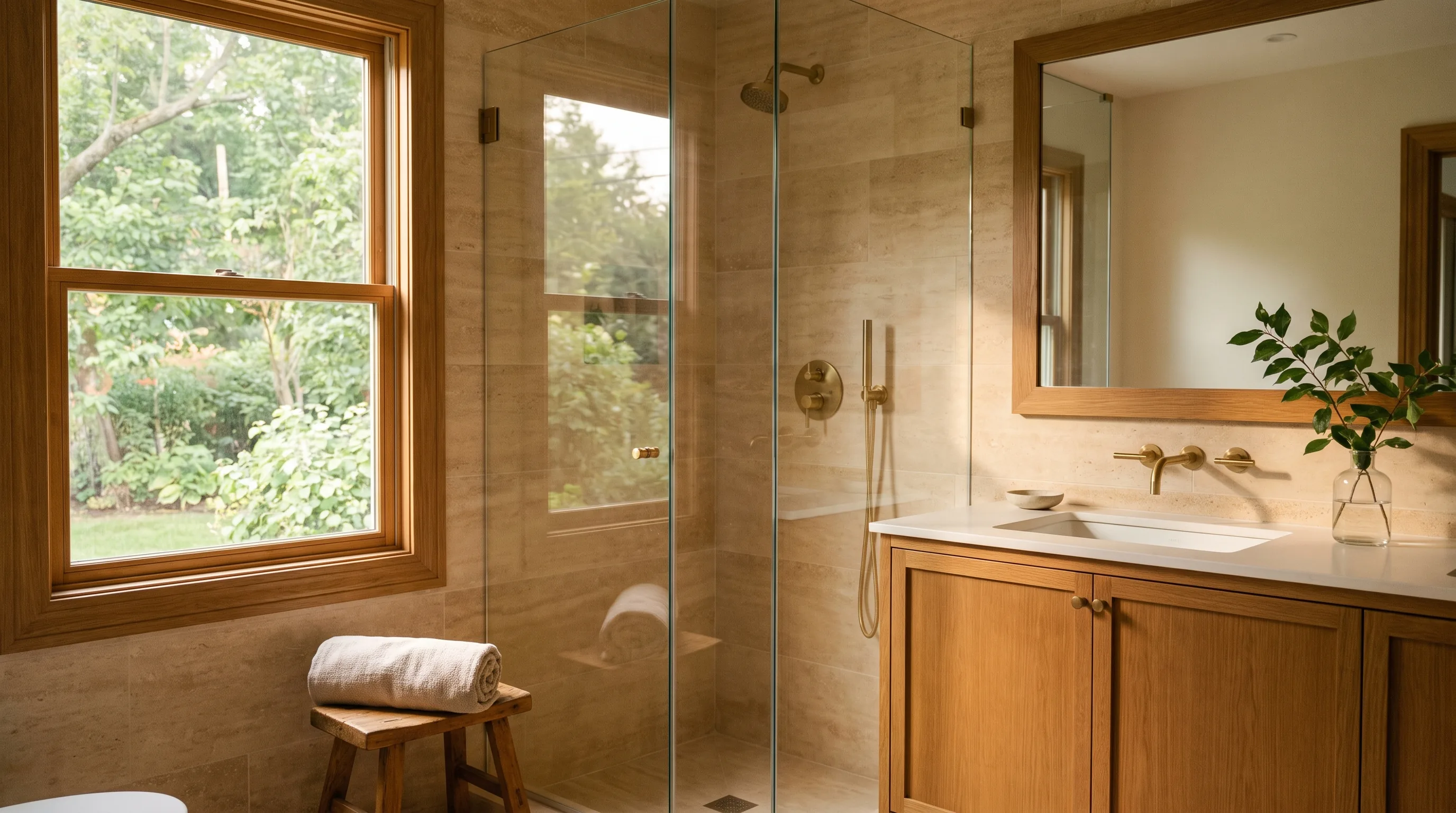 Bathroom remodel in Emmaus, PA — caramel-oak vanity, warm travertine walls, brass fixtures | VM Power Kitchen & Bath