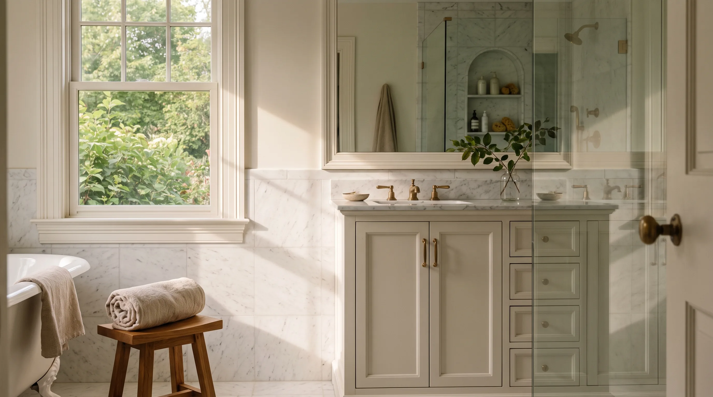 Bathroom remodel in Forks Township, PA — warm-white vanity, marble walls, brass fixtures, arched shower niche | VM Power Kitchen & Bath