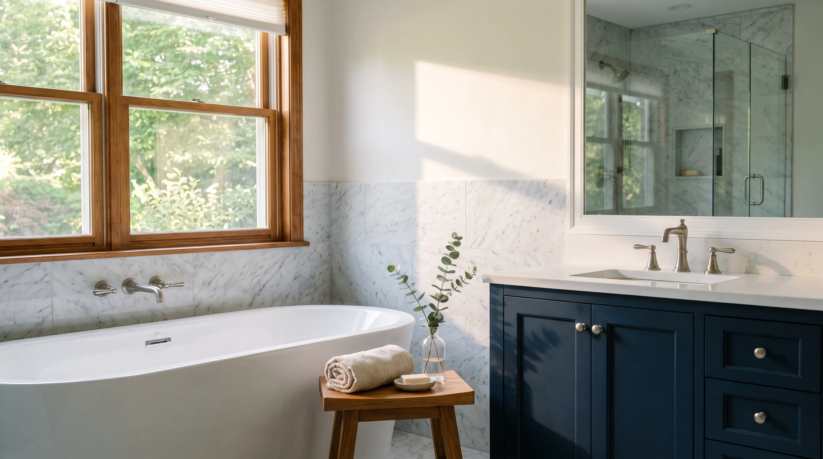 Bathroom remodel in Hellertown, PA — navy vanity, Carrara marble walls, brushed-nickel fixtures, freestanding tub | VM Power Kitchen & Bath