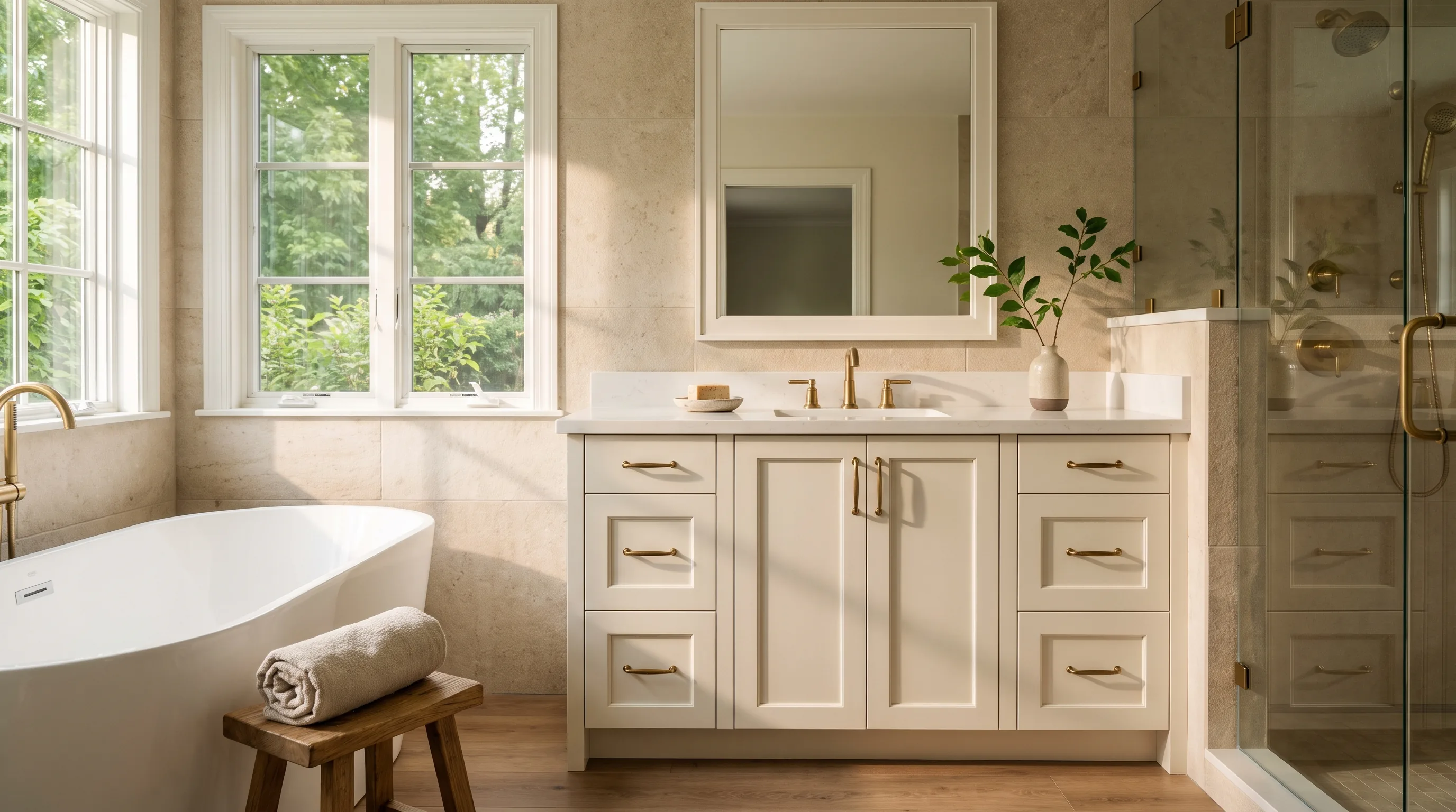 Bathroom remodel in Lopatcong, NJ — warm-white vanity, large-format stone walls, brass fixtures, deep soaking tub | VM Power Kitchen & Bath