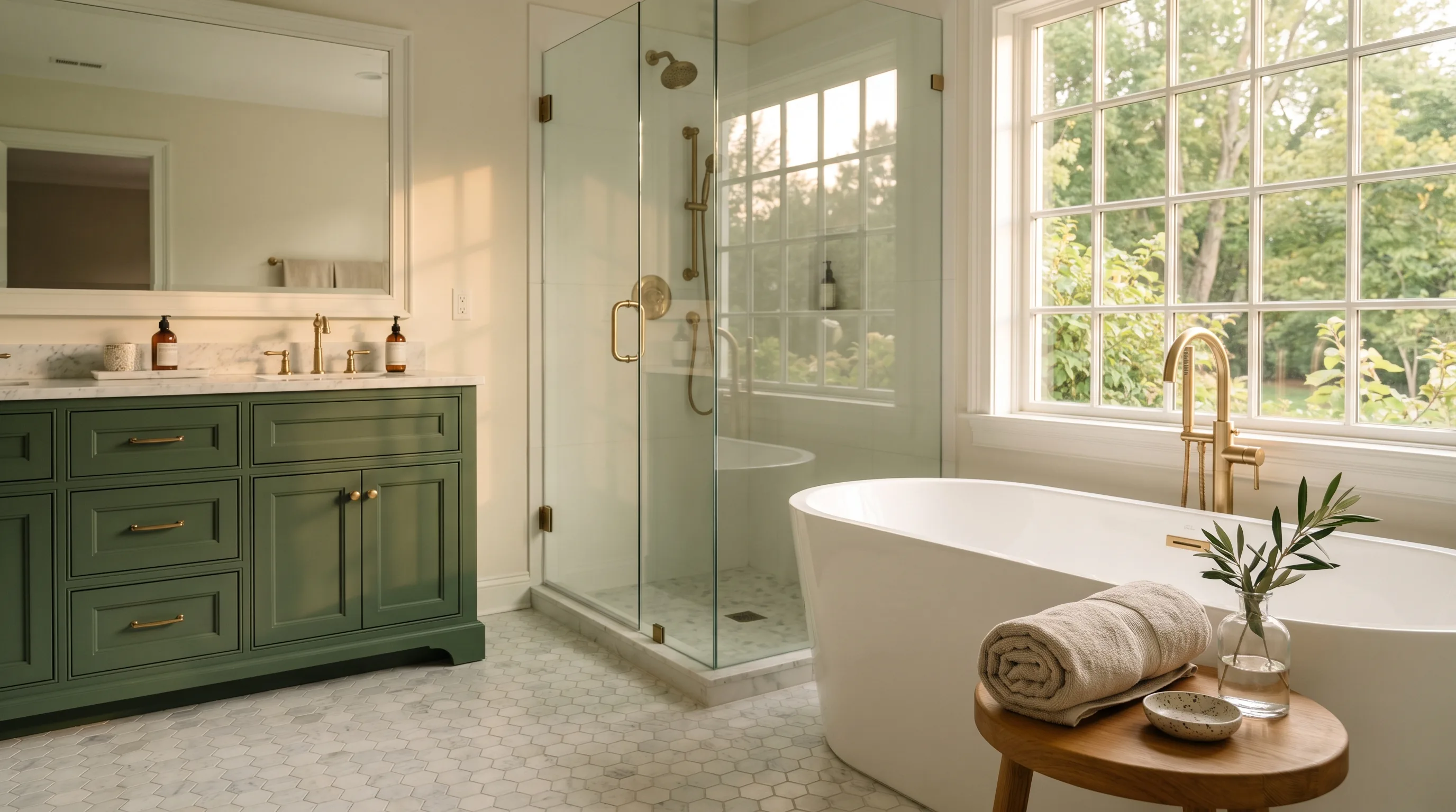 Bathroom remodel in Lower Macungie, PA — forest-green vanity, marble hex floor, brass fixtures, freestanding tub | VM Power Kitchen & Bath