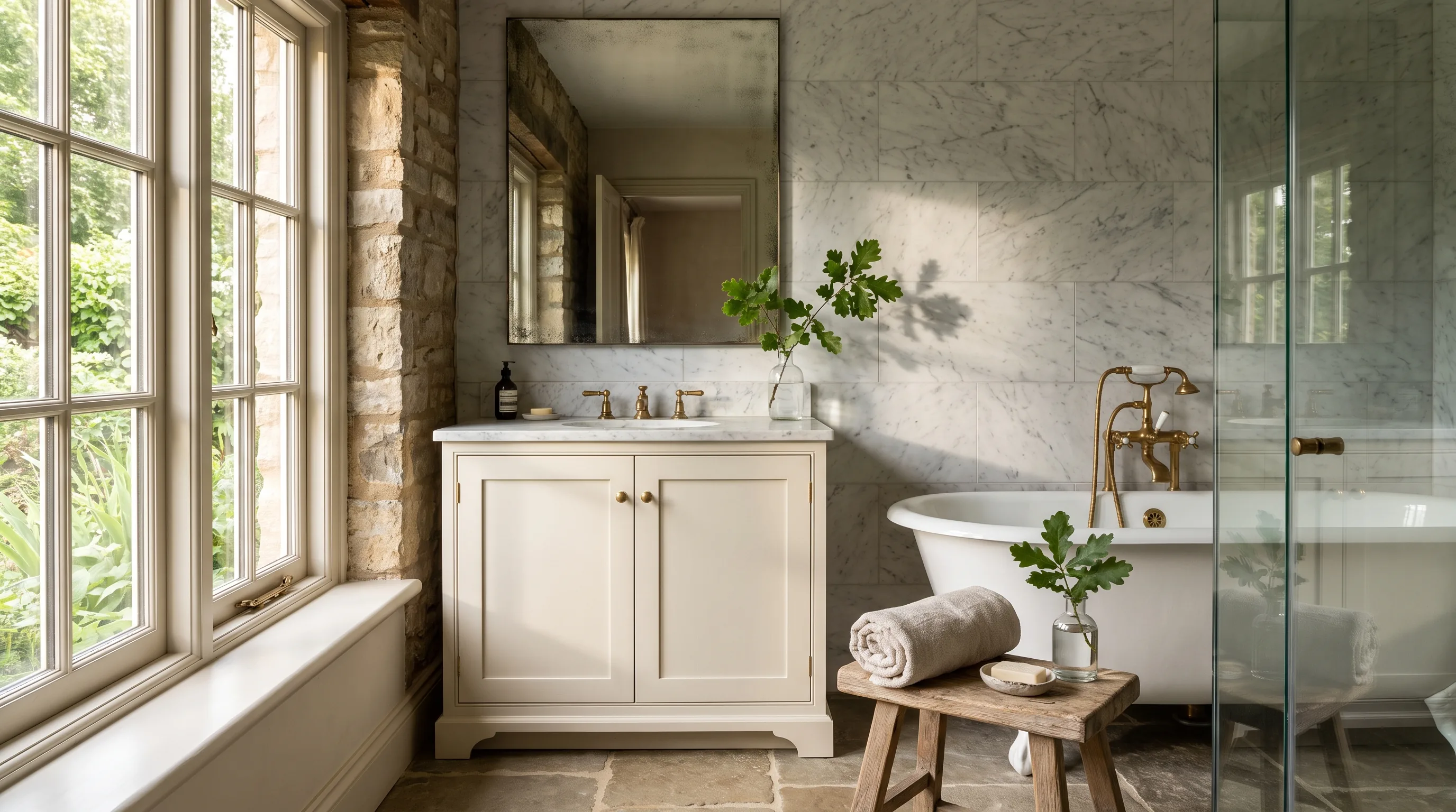 Bathroom remodel in Lower Saucon, PA — cream English vanity, marble walls, unlacquered-brass fixtures, freestanding slipper tub | VM Power Kitchen & Bath