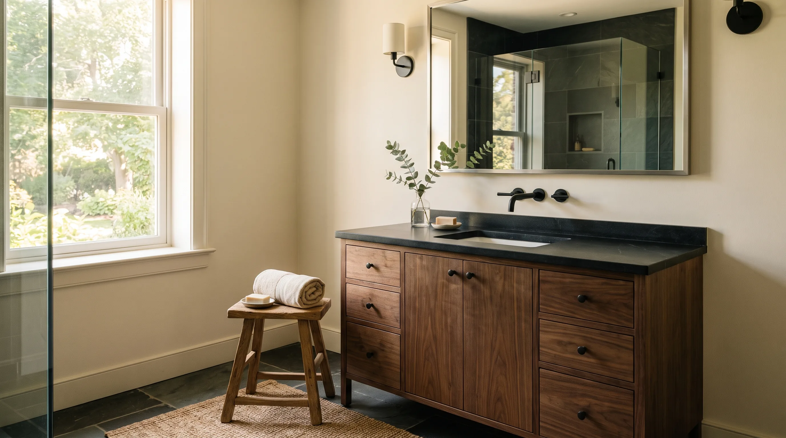 Bathroom remodel in Macungie, PA — walnut vanity, black soapstone top, matte-black fixtures | VM Power Kitchen & Bath