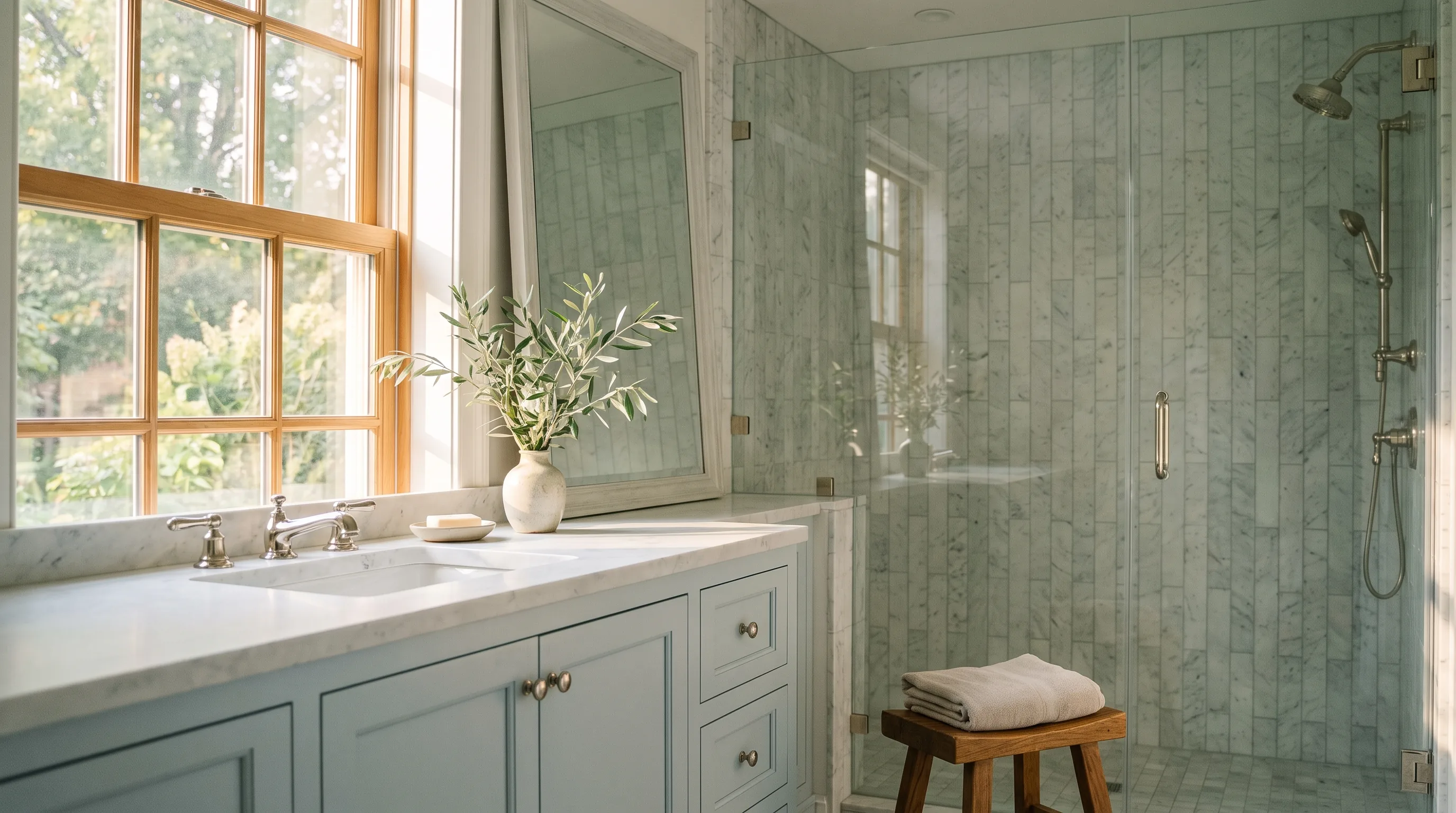 Bathroom remodel in Nazareth, PA — pale-blue vanity, Carrara marble walls, polished-nickel fixtures | VM Power Kitchen & Bath