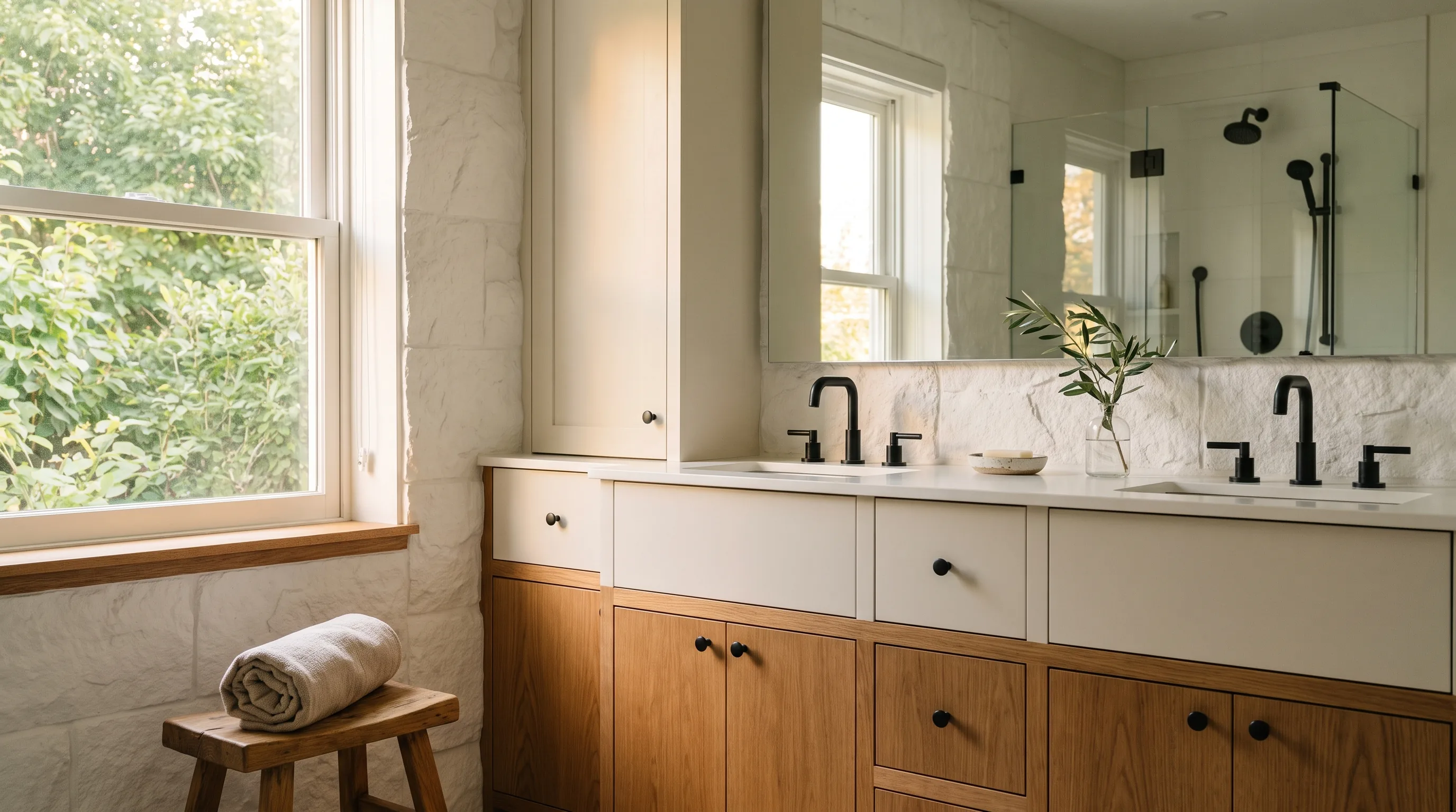Bathroom remodel in Northampton, PA — two-tone wood vanity, white stone walls, matte-black fixtures | VM Power Kitchen & Bath