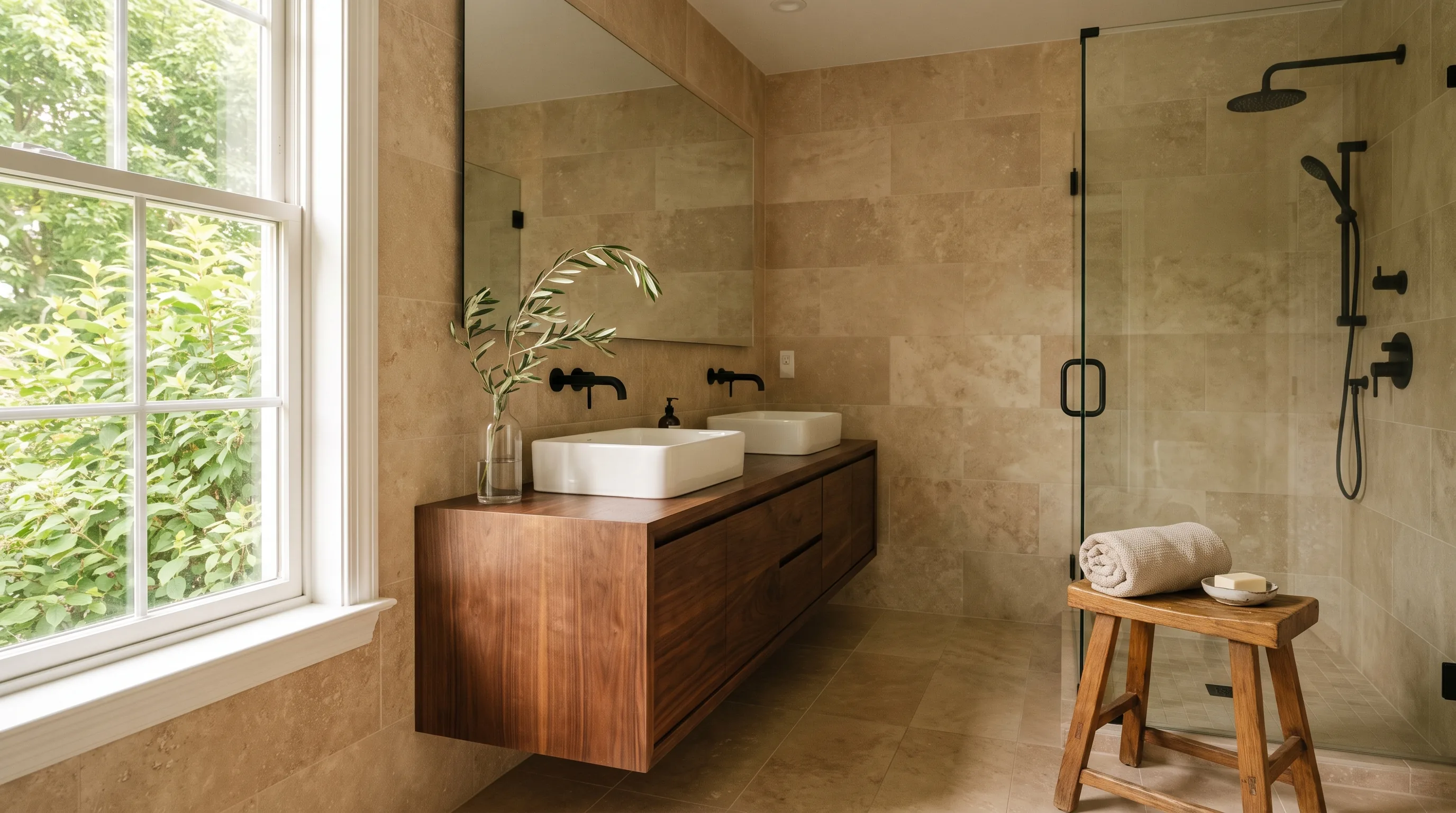 Bathroom remodel in Palmer Township, PA — walnut floating vanity, large-format travertine walls, matte-black fixtures | VM Power Kitchen & Bath