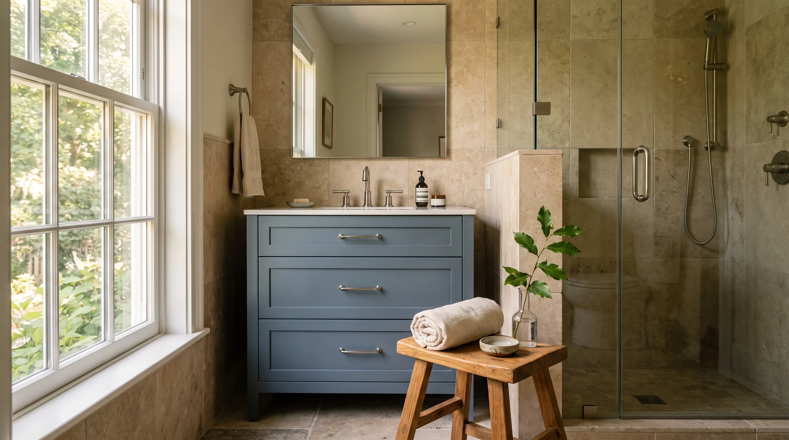 Bathroom remodel in Phillipsburg, NJ — slate-blue vanity, limestone walls, brushed-nickel fixtures | VM Power Kitchen & Bath