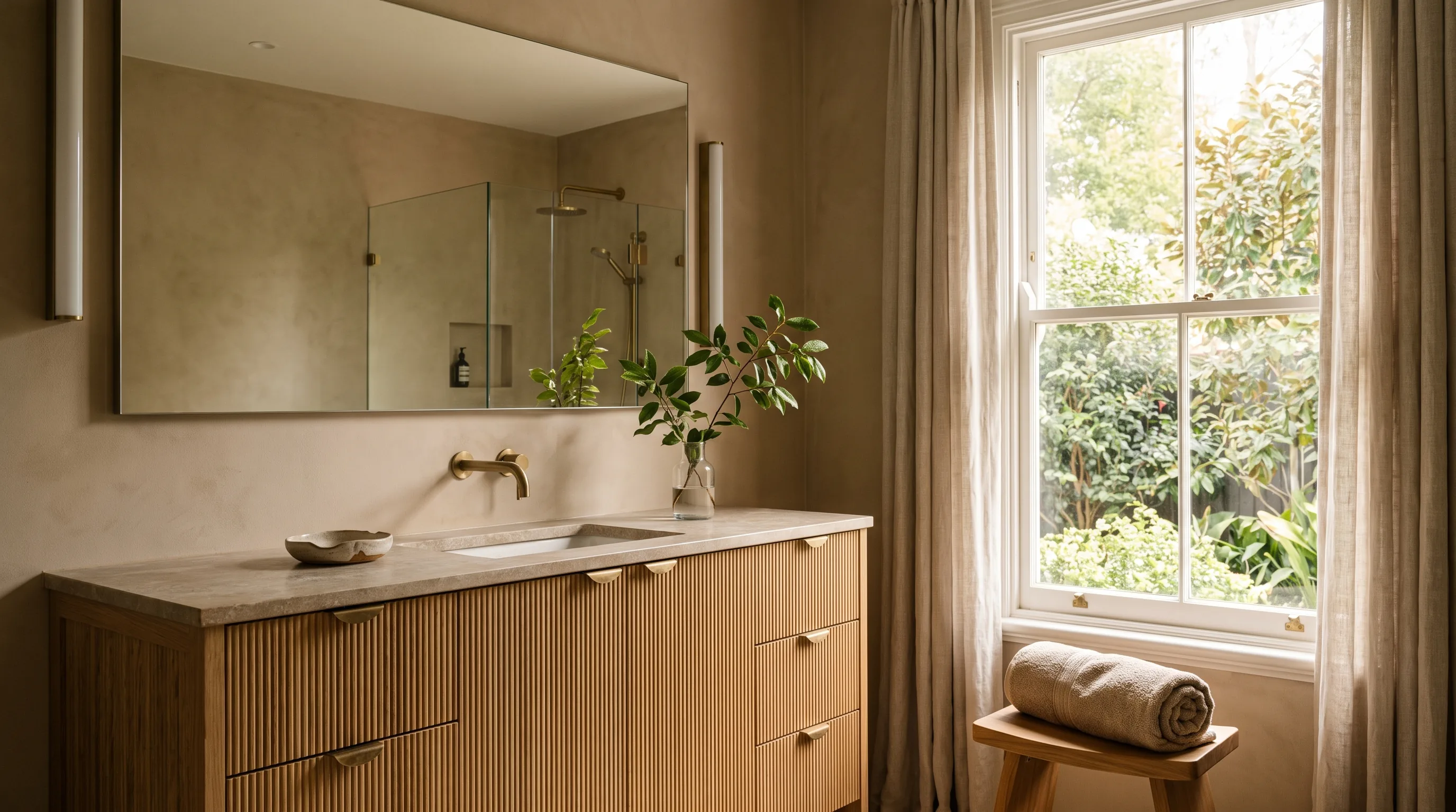 Bathroom remodel in Salisbury Township, PA — natural reeded-oak vanity, warm microcement walls, brass fixtures | VM Power Kitchen & Bath