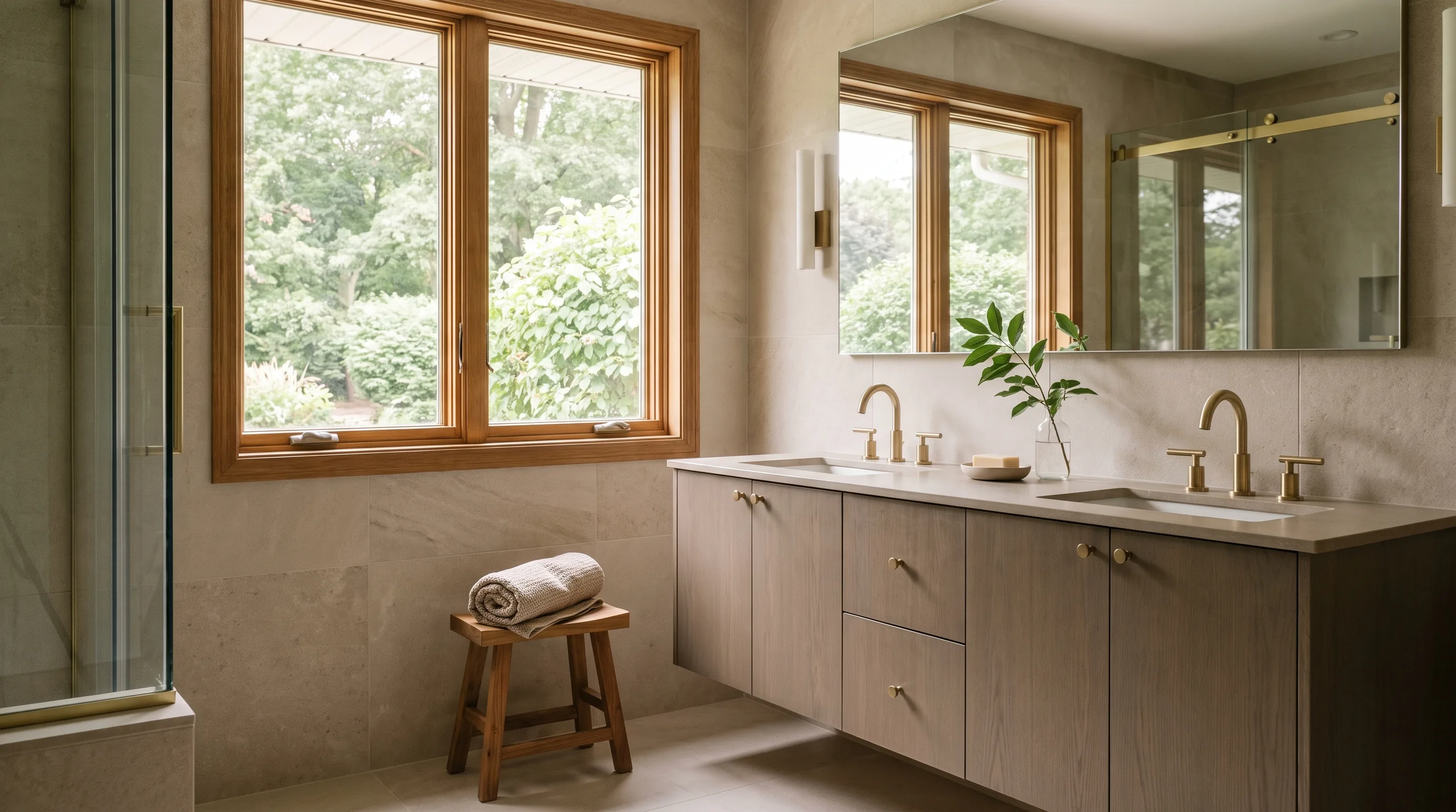 Bathroom remodel in South Whitehall, PA — greige-mushroom vanity, soft-beige large-format stone, champagne-brass fixtures | VM Power Kitchen & Bath