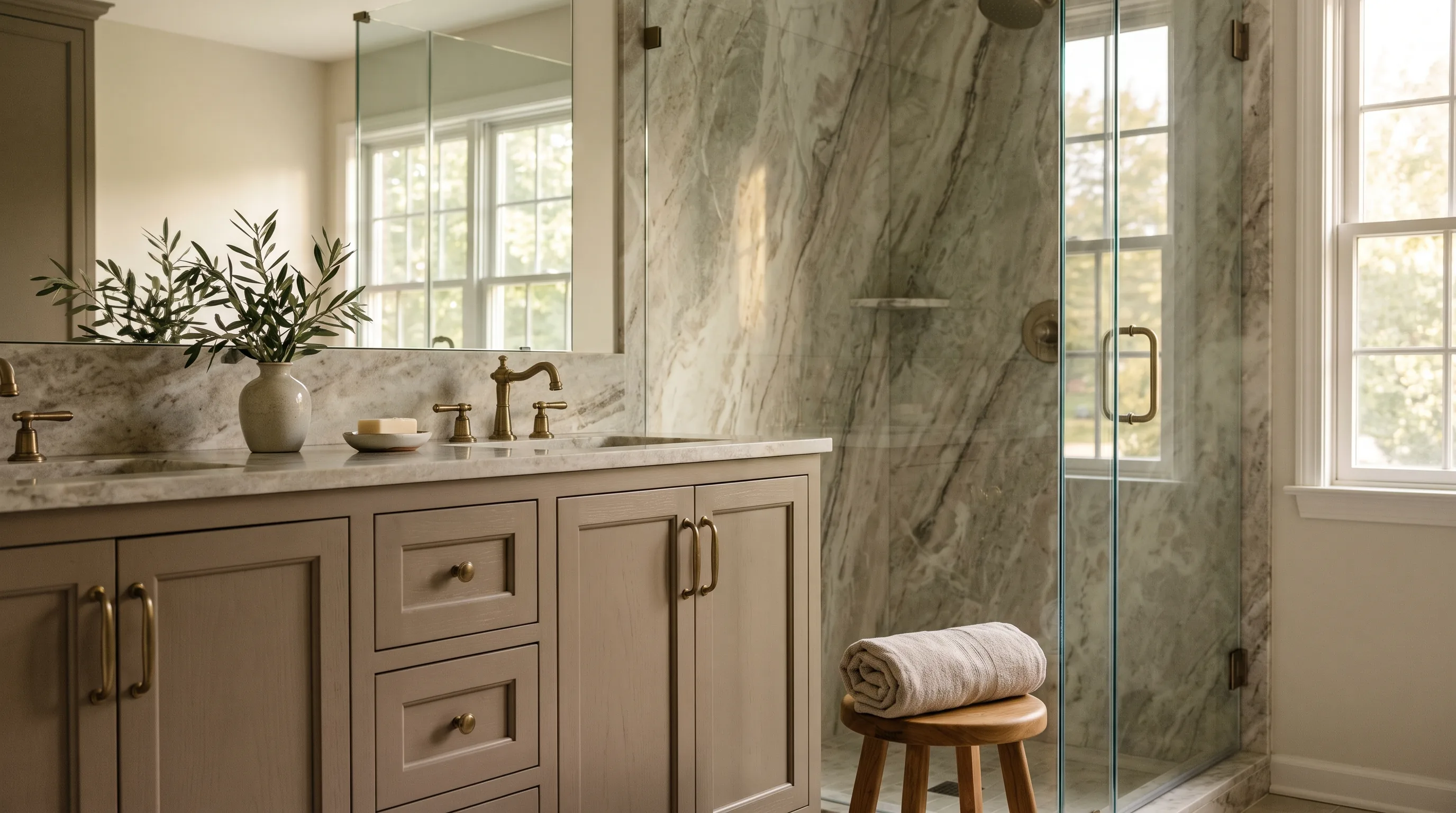 Bathroom remodel in Upper Macungie, PA — taupe vanity, dramatic marble slab walls, brass fixtures | VM Power Kitchen & Bath