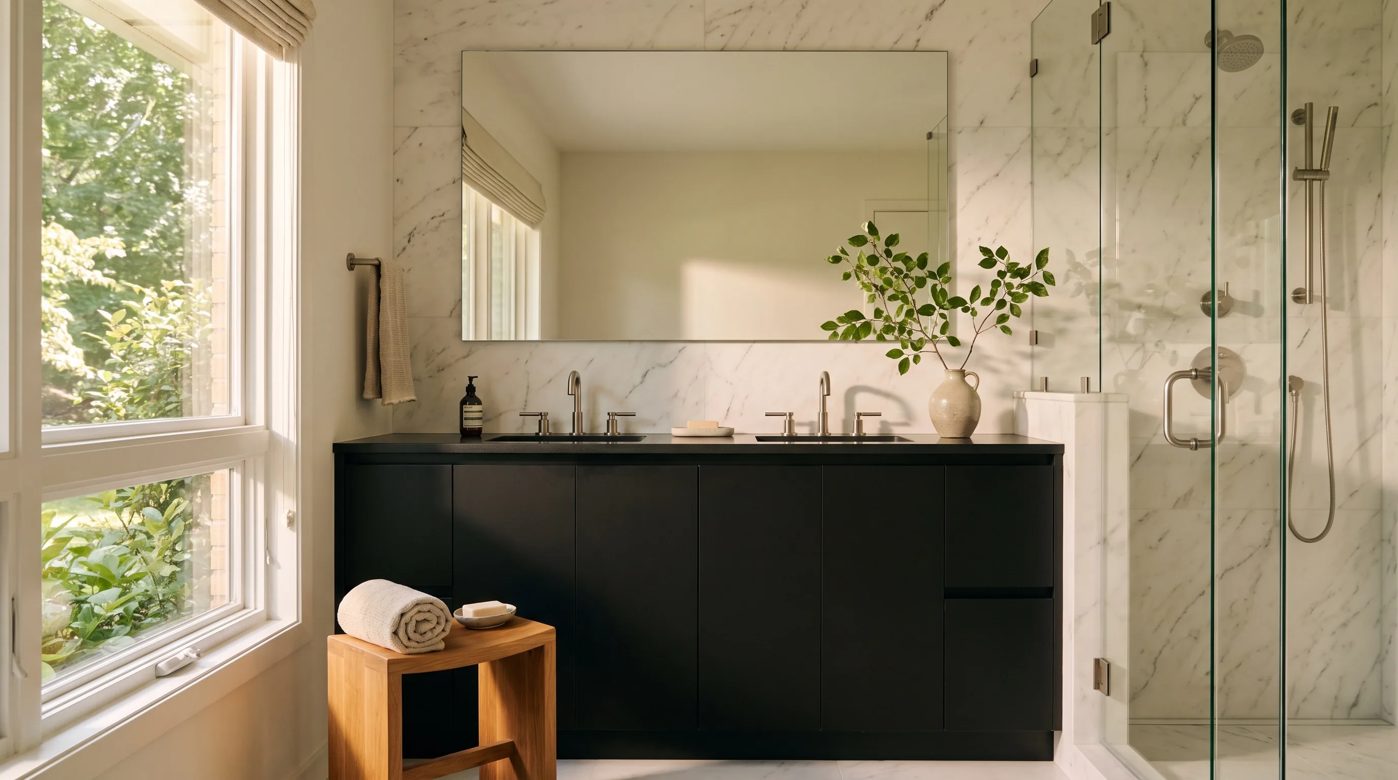 Bathroom remodel in Whitehall, PA — matte-black vanity, white veined-marble walls, brushed-steel fixtures | VM Power Kitchen & Bath