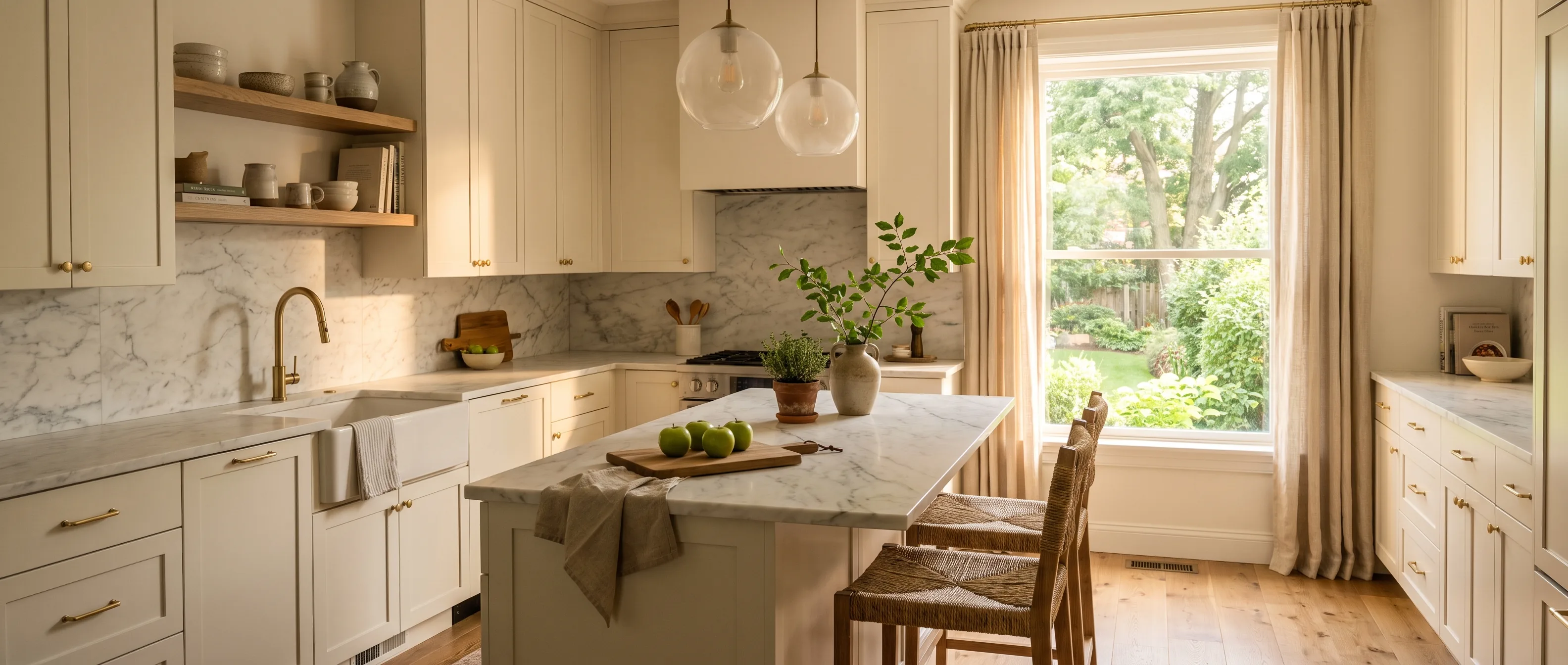 Kitchen remodel in Allentown, PA — warm-white shaker cabinetry, honed Calacatta marble counters and slab backsplash, unlacquered-brass hardware | VM Power Kitchen & Bath