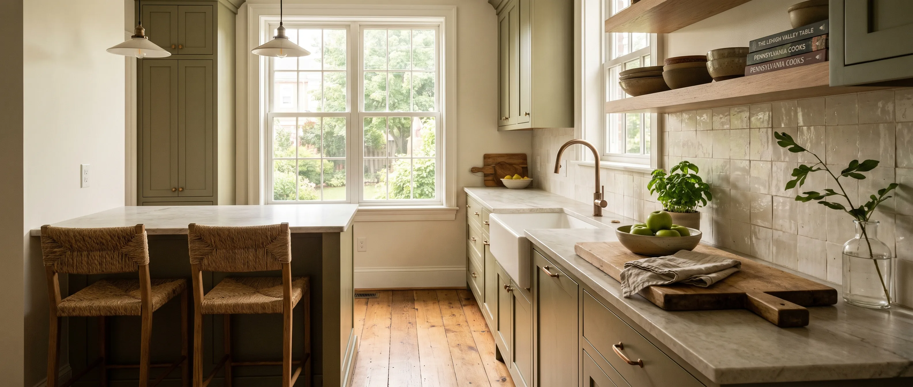 Kitchen remodel in Catasauqua, PA — muted olive-green shaker cabinetry, light quartzite counters, cream zellige backsplash, bronze hardware | VM Power Kitchen & Bath