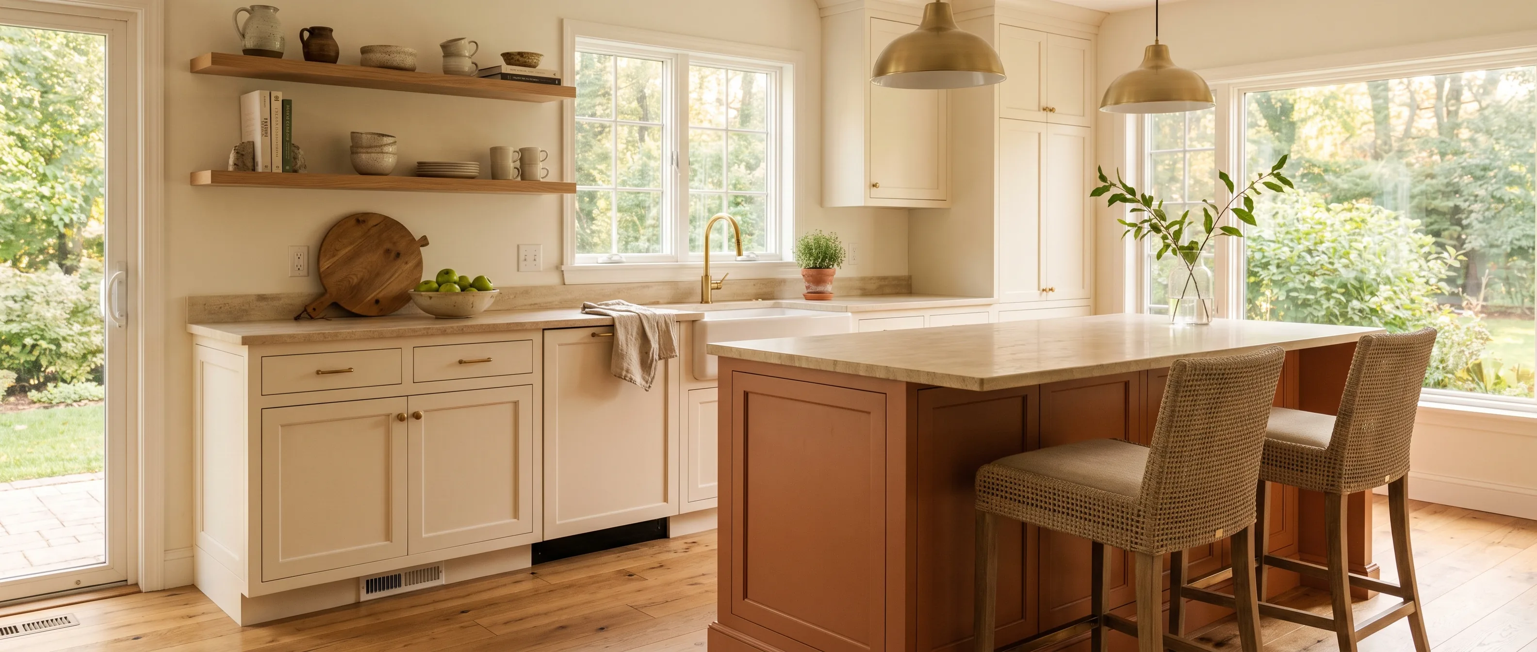 Kitchen remodel in Center Valley, PA — creamy cabinetry with a terracotta-clay island, travertine counters, brass hardware | VM Power Kitchen & Bath