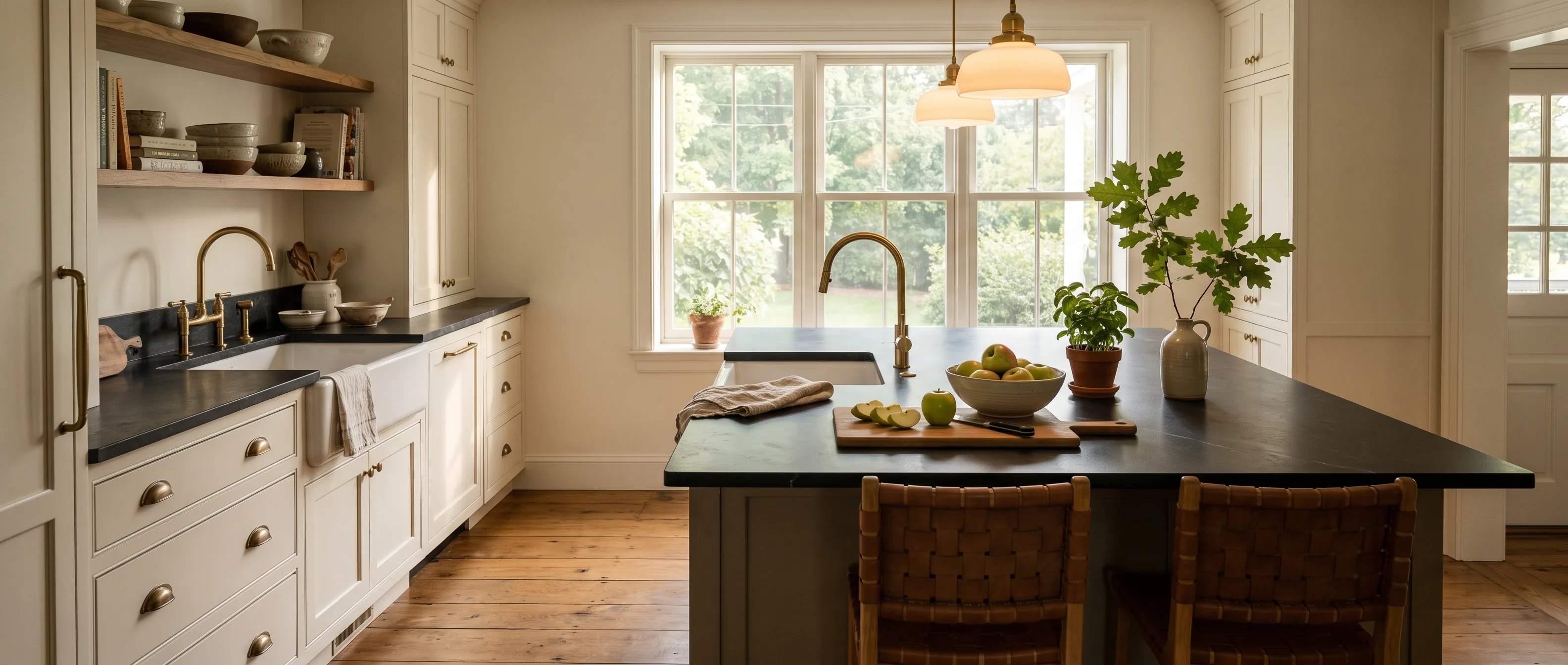 Kitchen remodel in Coopersburg, PA — warm-white shaker cabinetry with a black soapstone island, antique-brass hardware | VM Power Kitchen & Bath