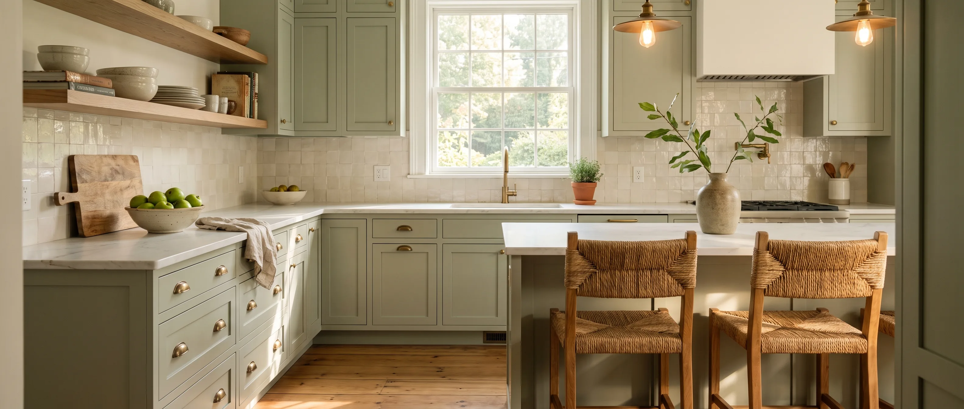 Kitchen remodel in Easton, PA — soft sage-green shaker cabinetry, white quartzite counters, cream zellige backsplash, aged-brass hardware | VM Power Kitchen & Bath