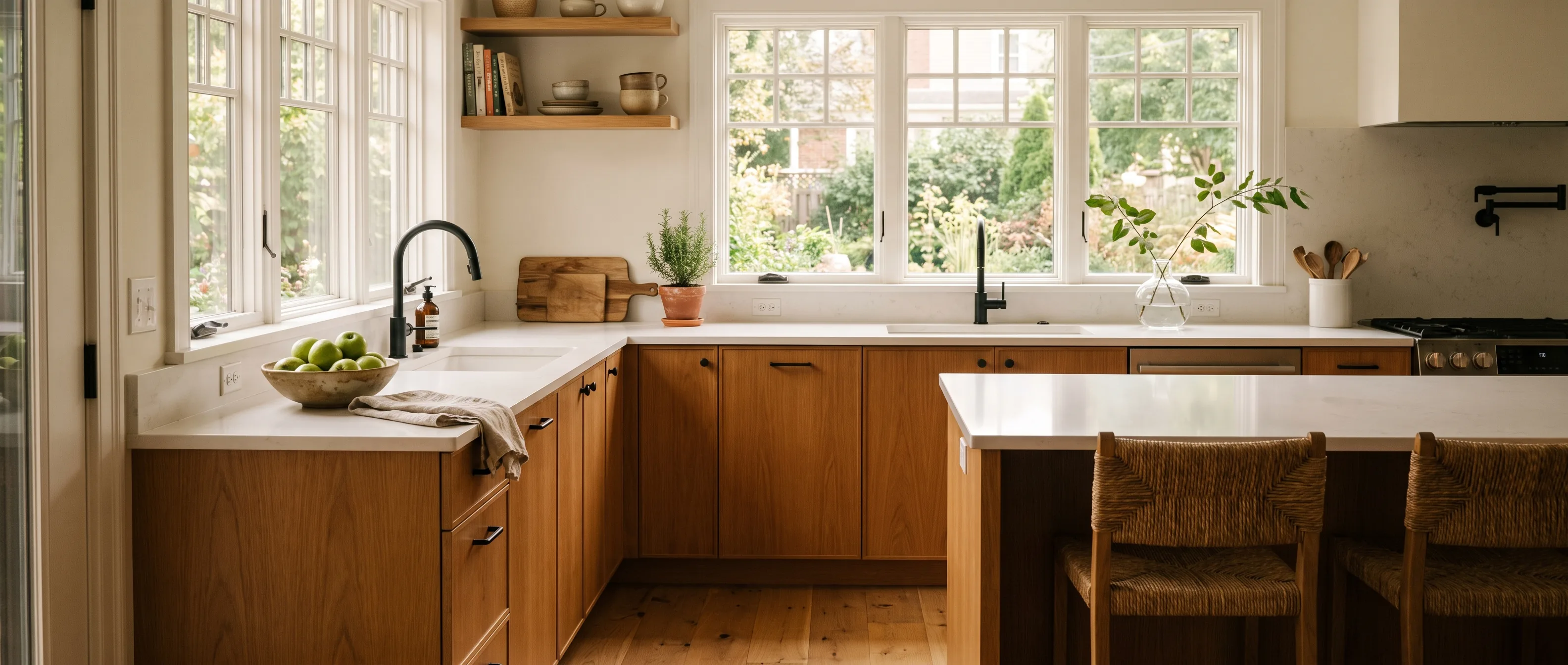 Kitchen remodel in Emmaus, PA — caramel honey-oak flat-panel cabinetry, white quartz counters, matte-black hardware | VM Power Kitchen & Bath