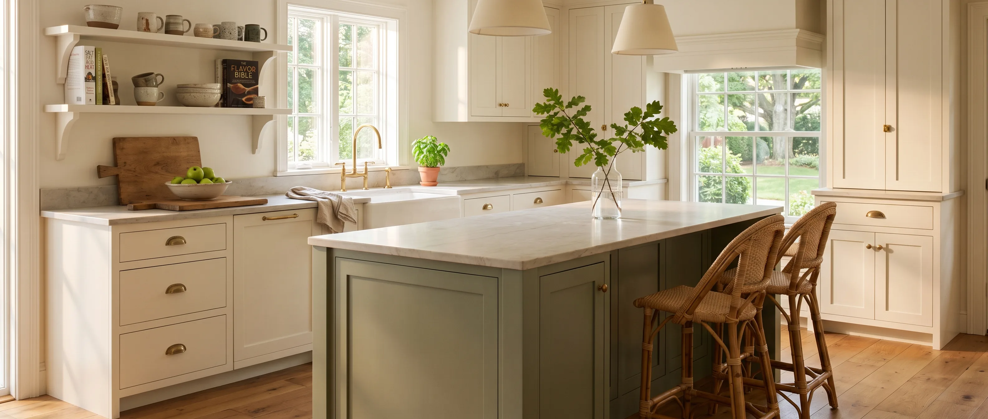 Kitchen remodel in Forks Township, PA — warm-white shaker cabinetry with a sage-green island, light quartzite counters, brass hardware | VM Power Kitchen & Bath