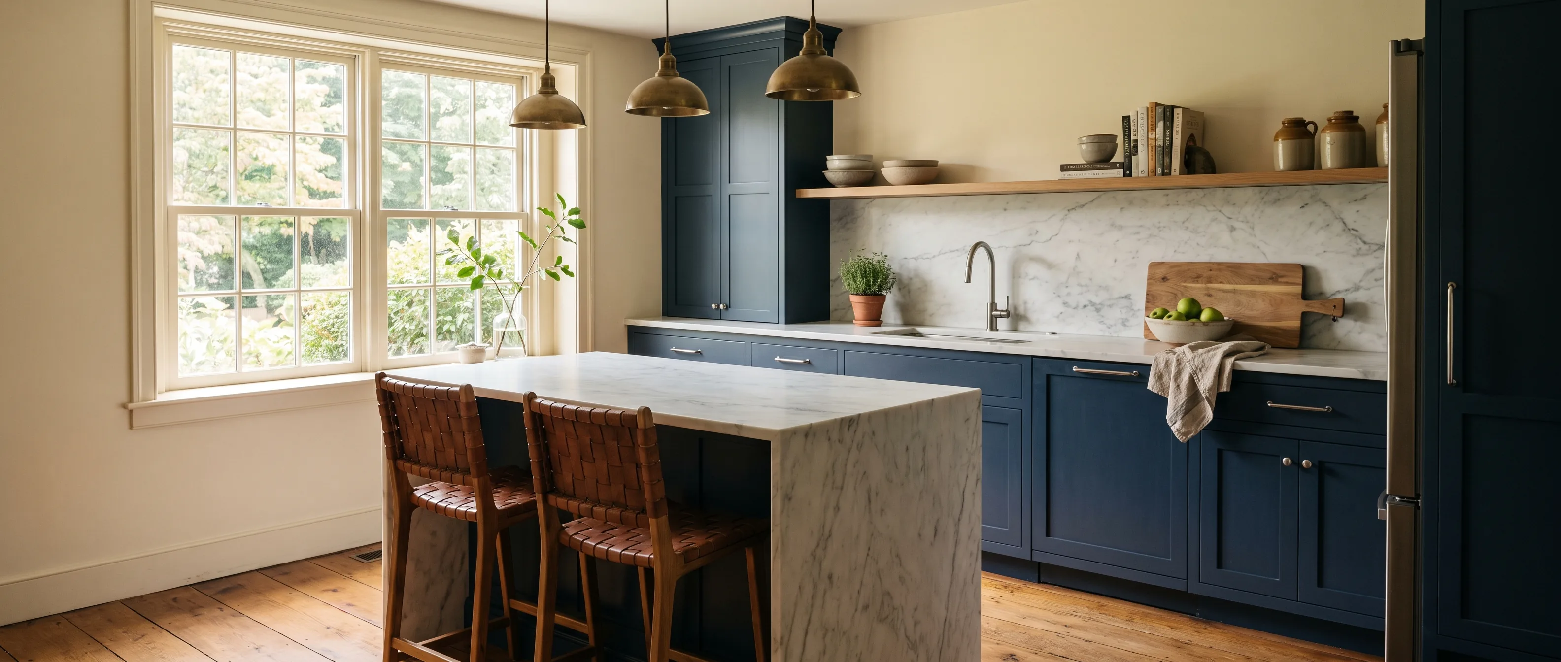 Kitchen remodel in Hellertown, PA — navy-blue inset-shaker cabinetry, a white marble waterfall island, brushed-nickel hardware | VM Power Kitchen & Bath
