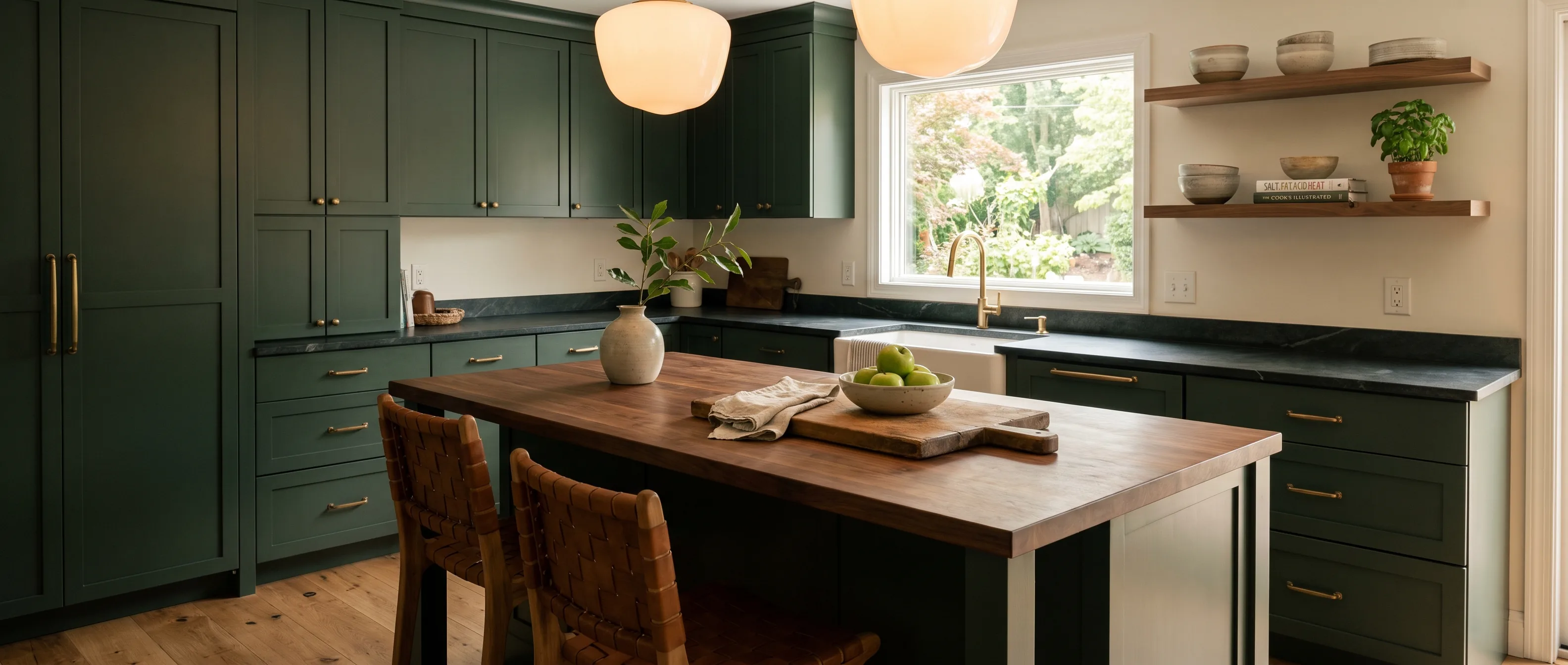 Kitchen remodel in Lower Macungie, PA — deep forest-green cabinetry, a walnut butcher-block island, leathered soapstone counters, brass hardware | VM Power Kitchen & Bath
