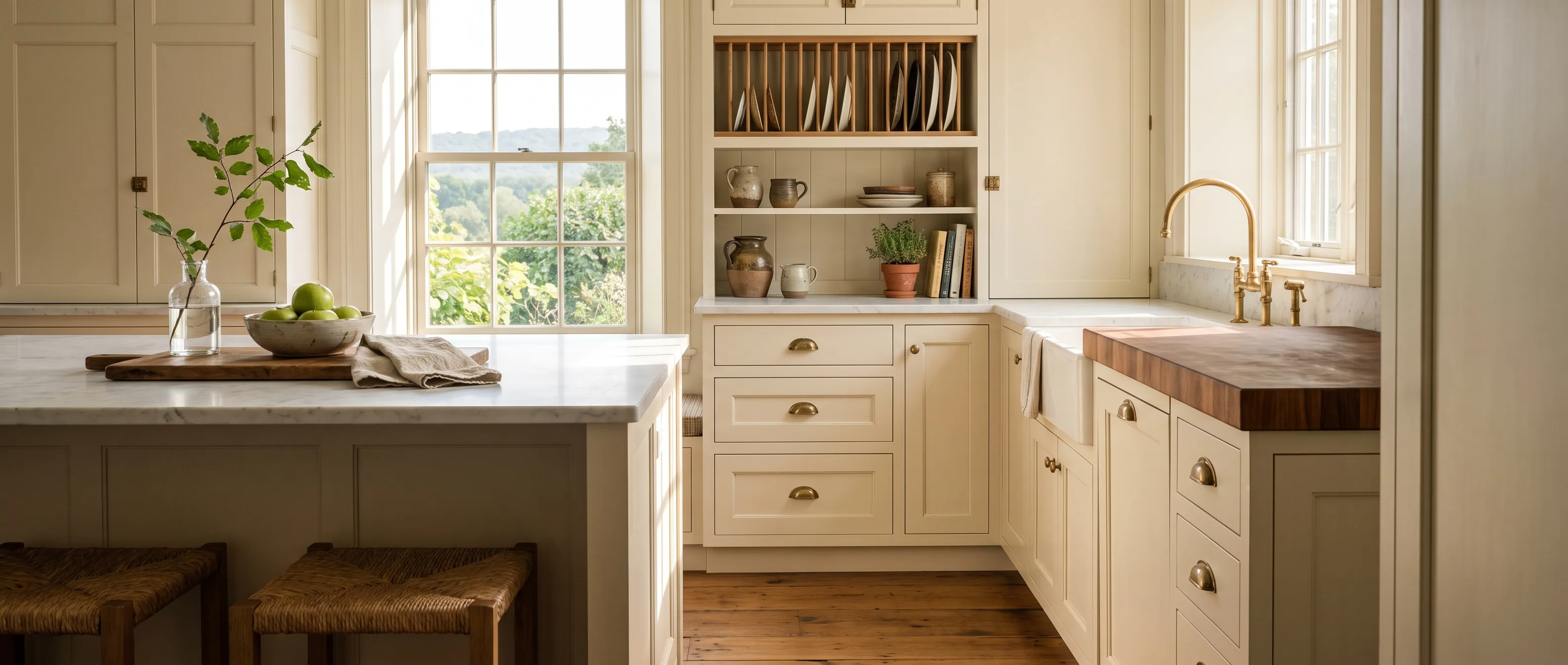 Kitchen remodel in Lower Saucon, PA — cream English-country cabinetry, a marble-topped island and butcher-block run, unlacquered-brass cup pulls | VM Power Kitchen & Bath