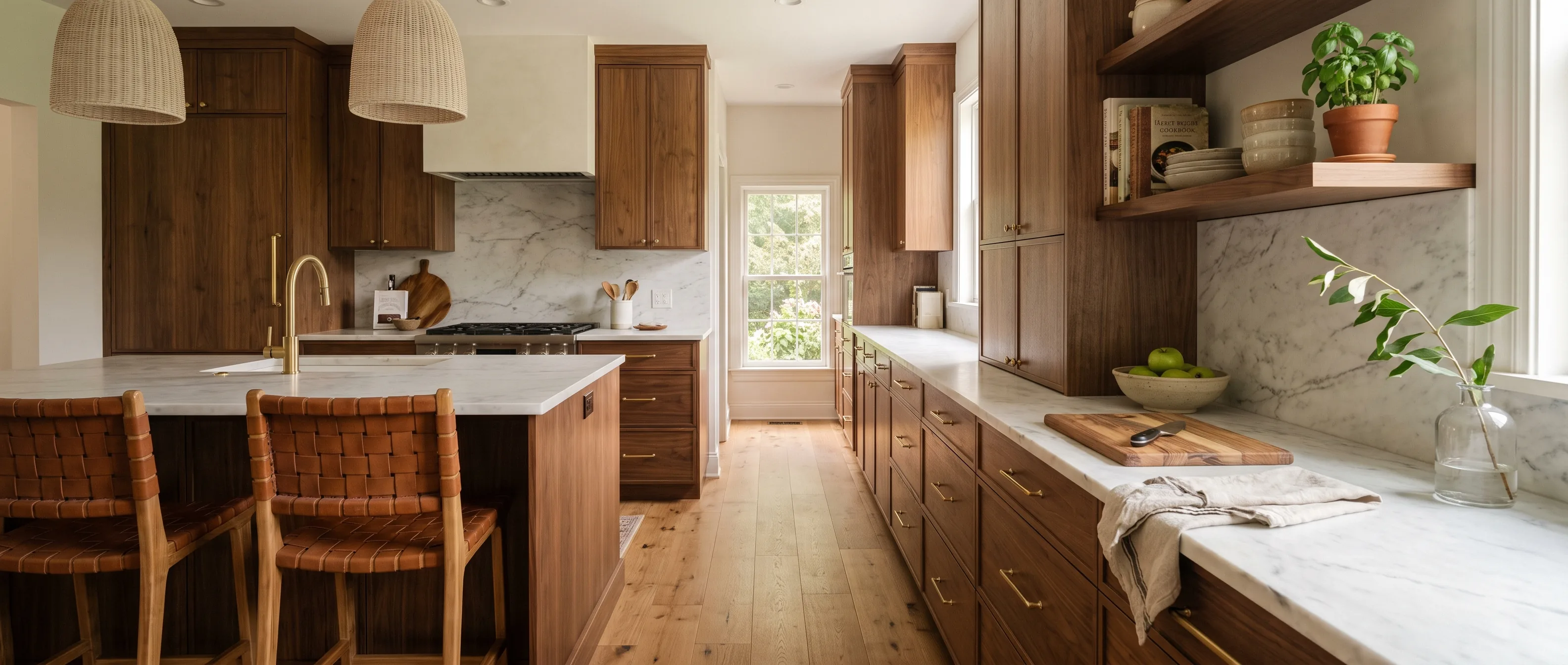 Kitchen remodel in Macungie, PA — warm walnut cabinetry, honed marble counters and slab backsplash, brass hardware | VM Power Kitchen & Bath