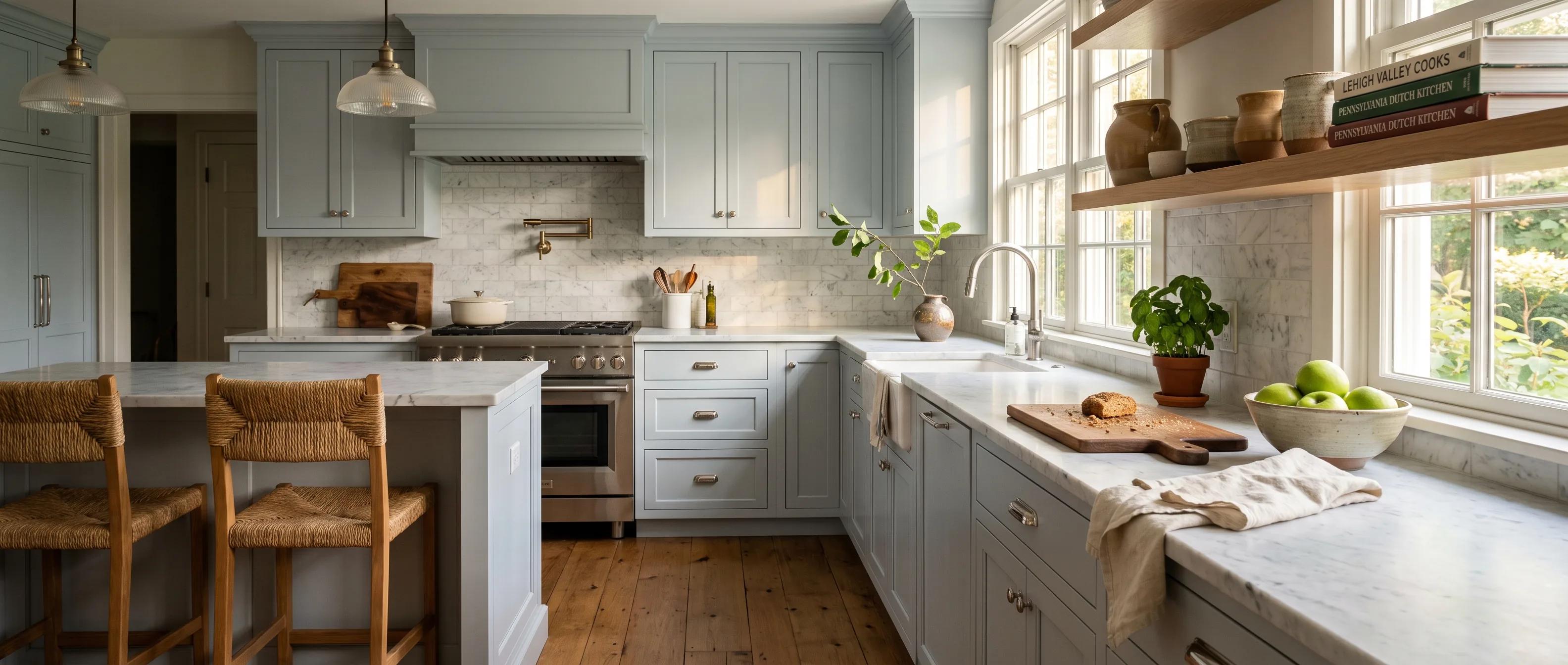 Kitchen remodel in Nazareth, PA — pale blue-gray shaker cabinetry, Carrara marble counters, polished-nickel hardware | VM Power Kitchen & Bath
