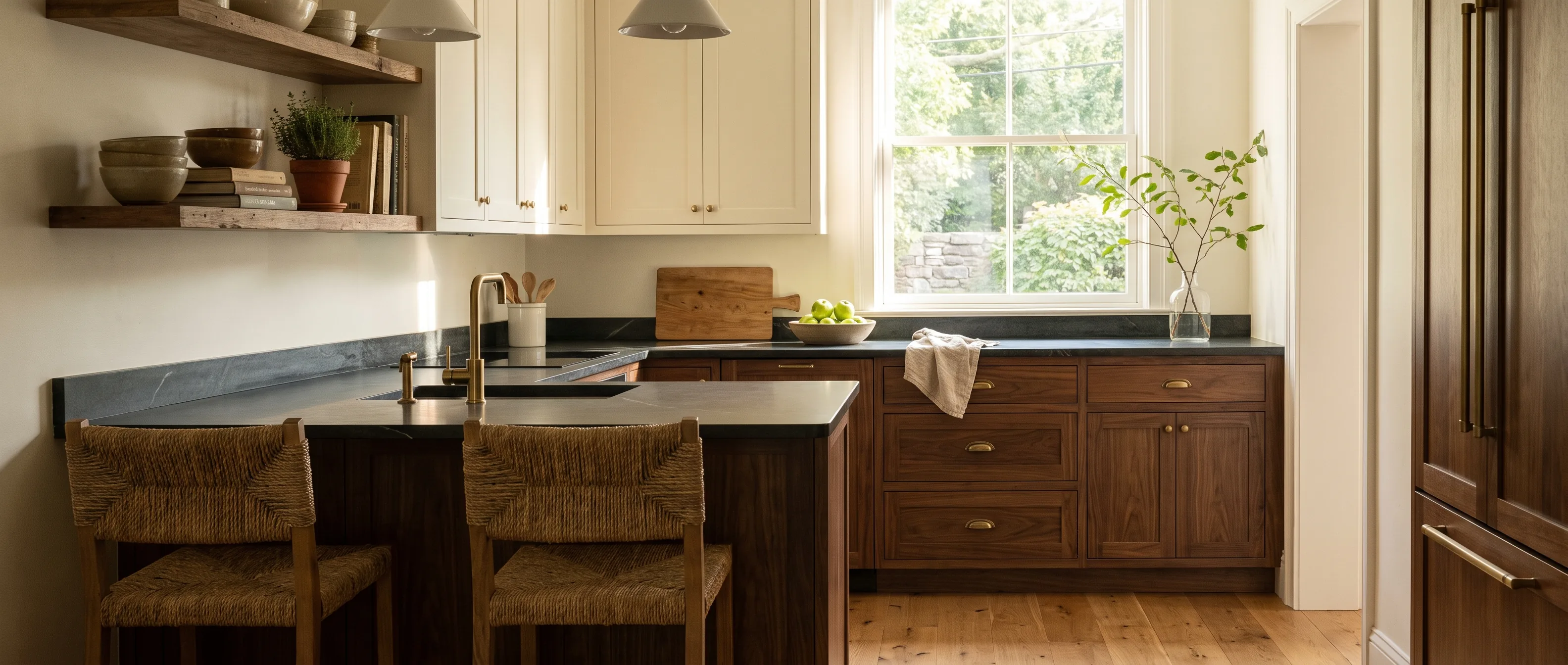 Kitchen remodel in Northampton, PA — two-tone warm-white and walnut cabinetry, honed soapstone counters, antique-brass hardware | VM Power Kitchen & Bath