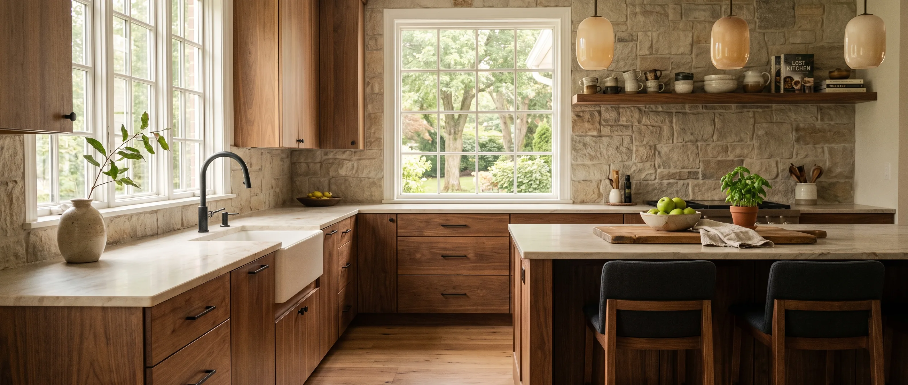 Kitchen remodel in Palmer Township, PA — natural walnut flat-panel cabinetry, creamy quartzite counters, a stone backsplash, matte-black hardware | VM Power Kitchen & Bath