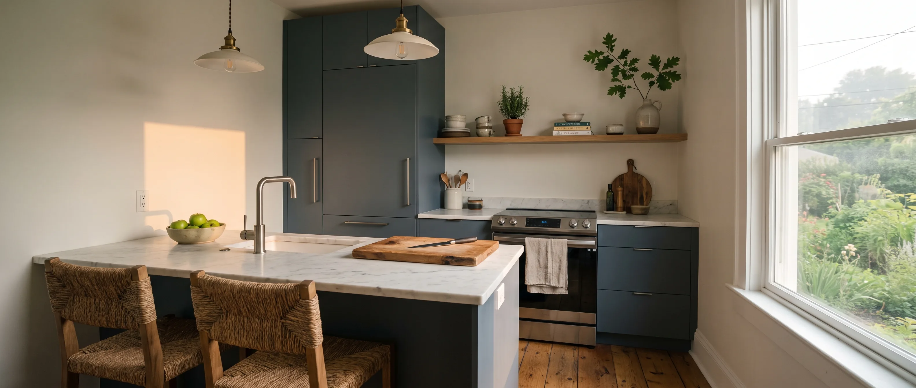 Kitchen remodel in Phillipsburg, NJ — graphite slate-blue flat-panel cabinetry, white marble counters, brushed-nickel hardware | VM Power Kitchen & Bath