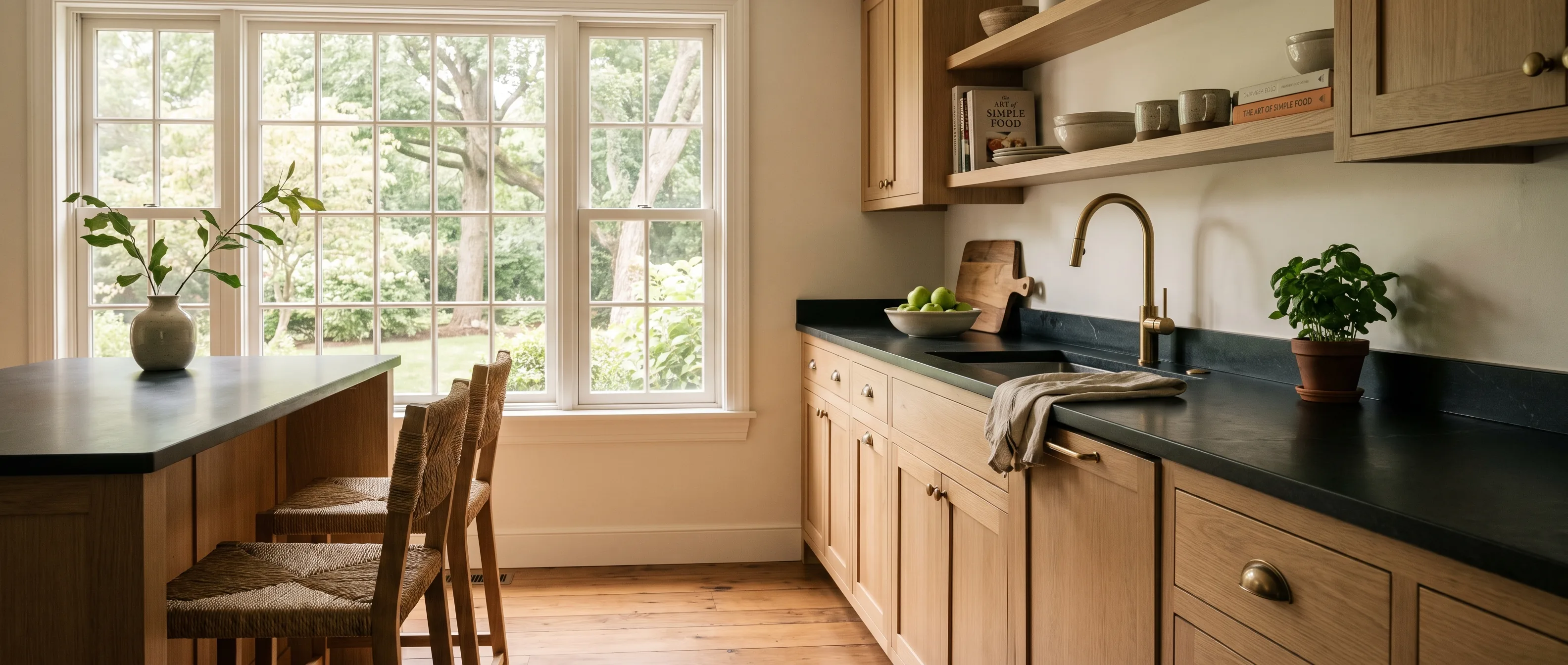 Kitchen remodel in Salisbury Township, PA — white-oak slim-shaker cabinetry, black soapstone counters, warm-brass hardware | VM Power Kitchen & Bath