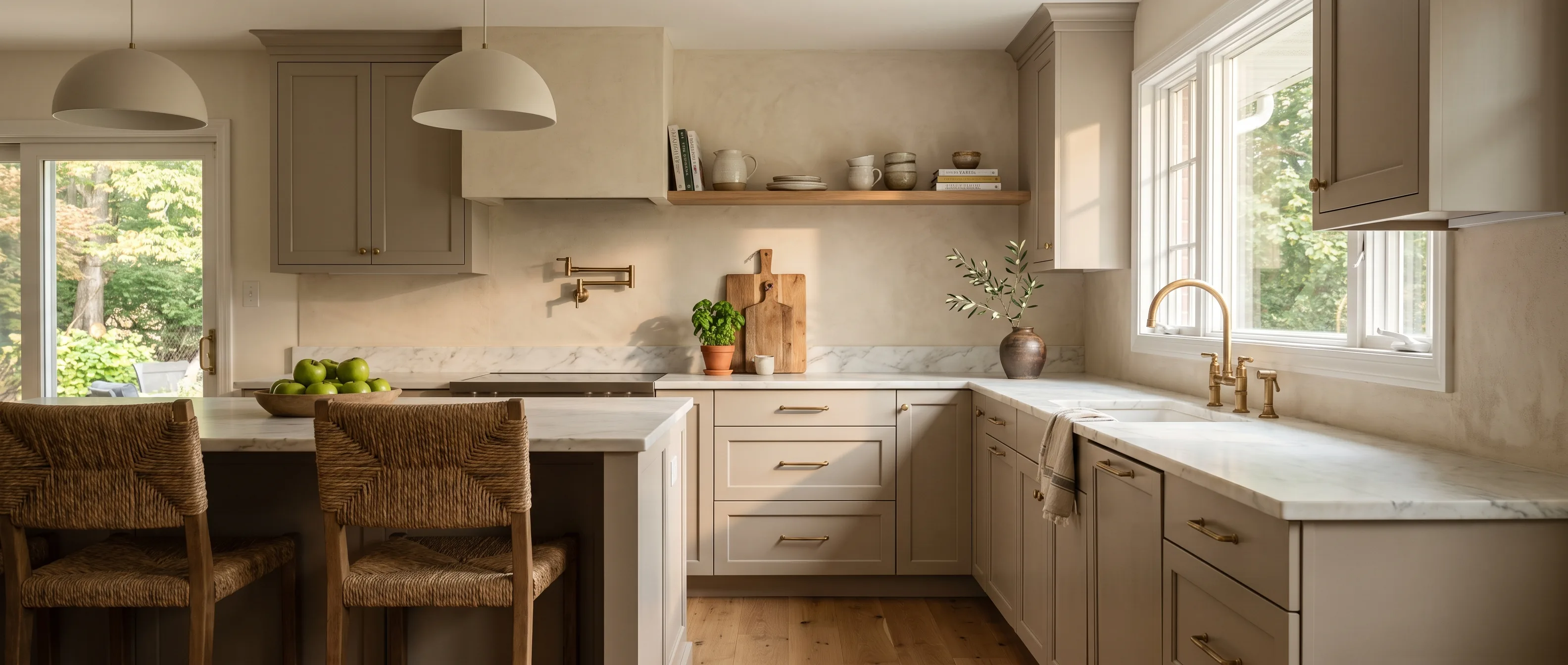 Kitchen remodel in South Whitehall, PA — mushroom-greige shaker cabinetry, honed marble counters, brass hardware | VM Power Kitchen & Bath