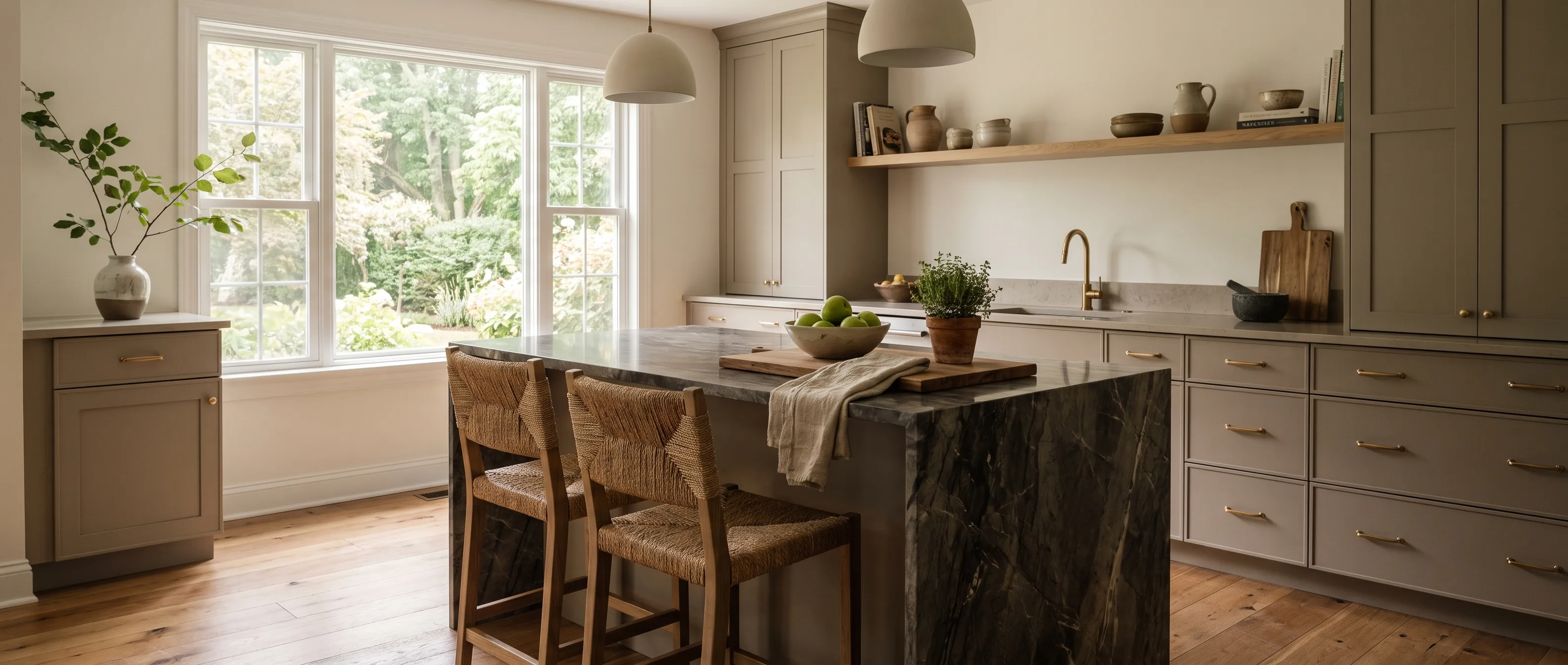 Kitchen remodel in Upper Macungie, PA — taupe-greige cabinetry, a dramatic dark-veined marble waterfall island, brass hardware | VM Power Kitchen & Bath