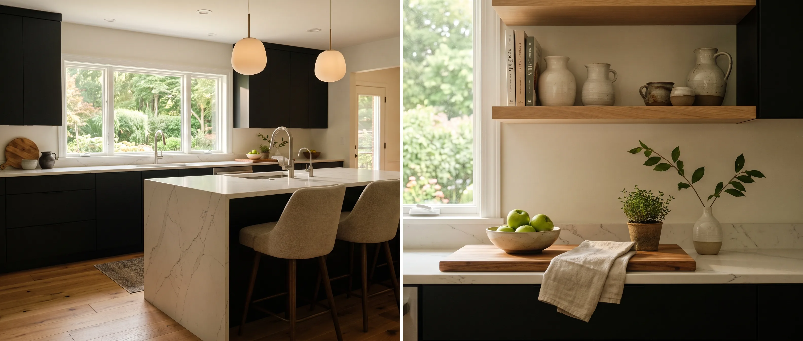 Kitchen remodel in Whitehall, PA — matte-black flat-panel cabinetry, a white veined-quartz waterfall island, brushed-steel hardware | VM Power Kitchen & Bath