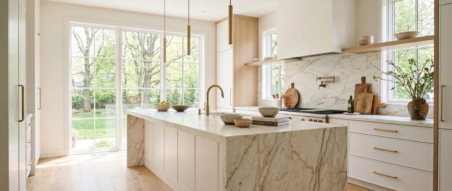 Custom kitchen remodel — fluted white-oak island, microcement counters and tone-on-tone cabinetry, Lehigh Valley PA