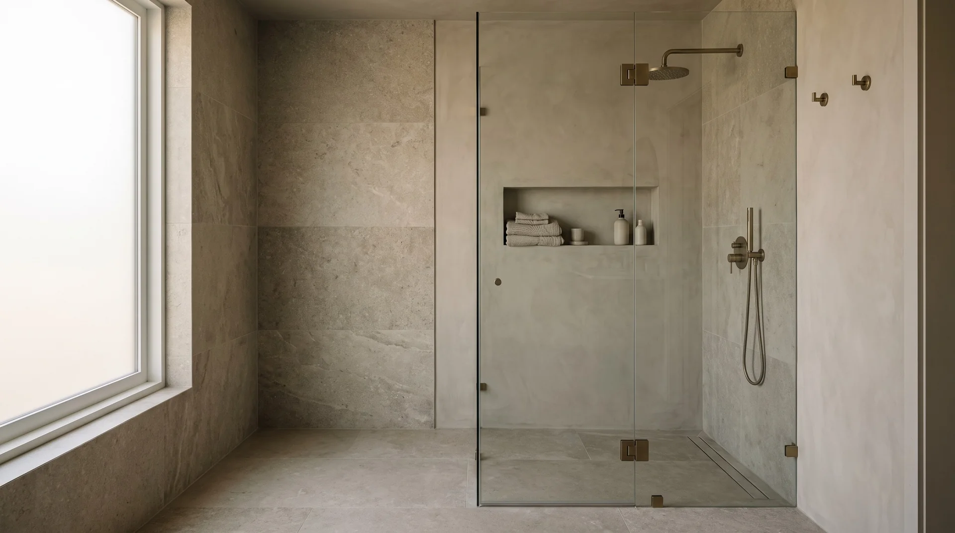 Tub-to-shower conversion — curbless shower with brass fixtures, Lehigh Valley PA